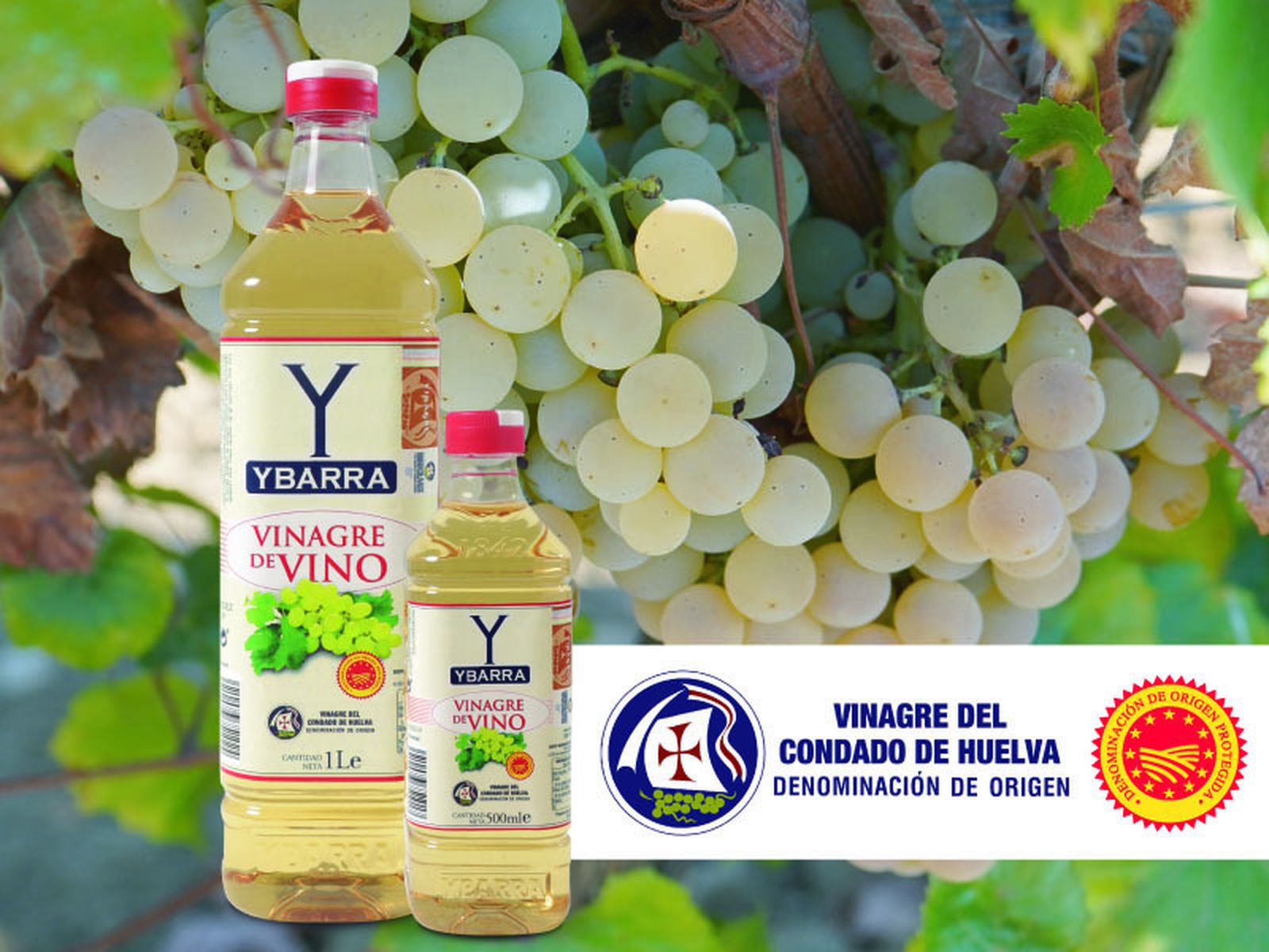 Botellas de vinagre de vino Ybarra con la Denominación de Origen Condado de Huelva.