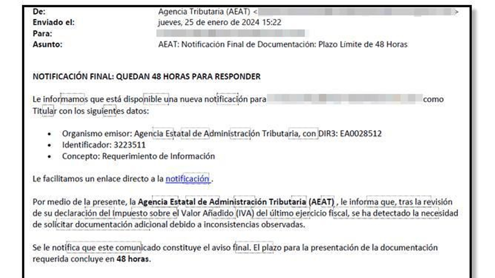 Uno de los mensajes sobre los que alerta la Agencia Tributaria.