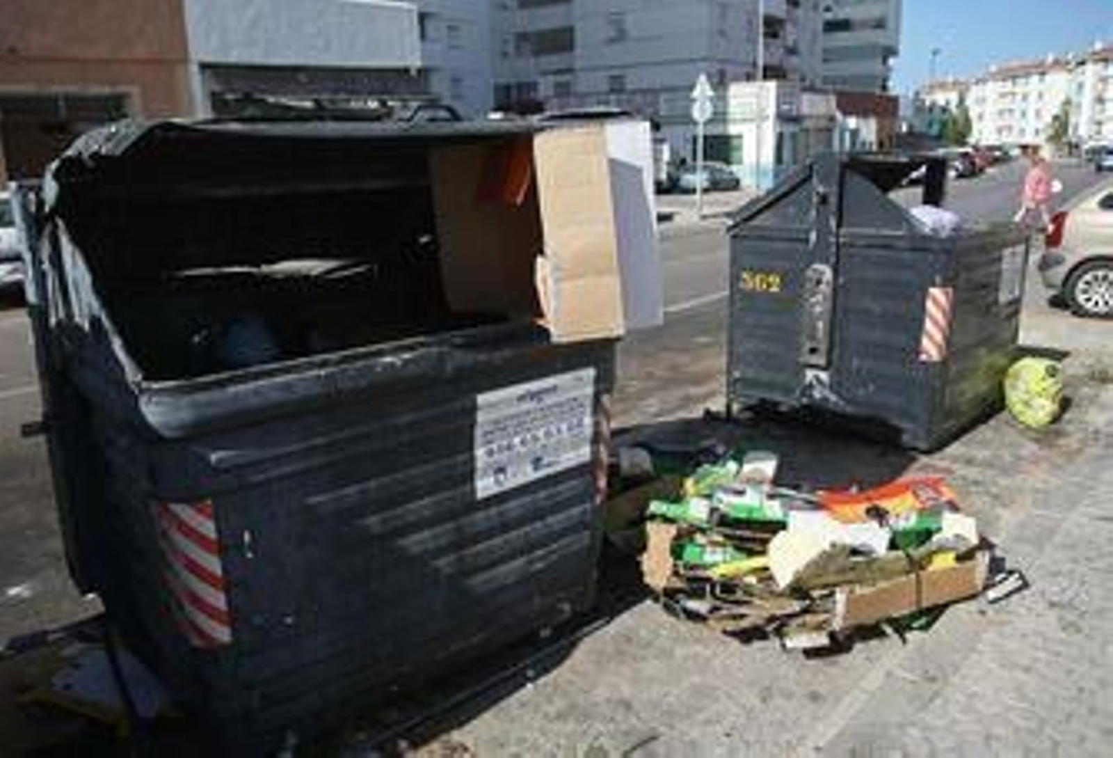Contenedores de Algesa rotos en la calle García Lorca, en El Saladillo.