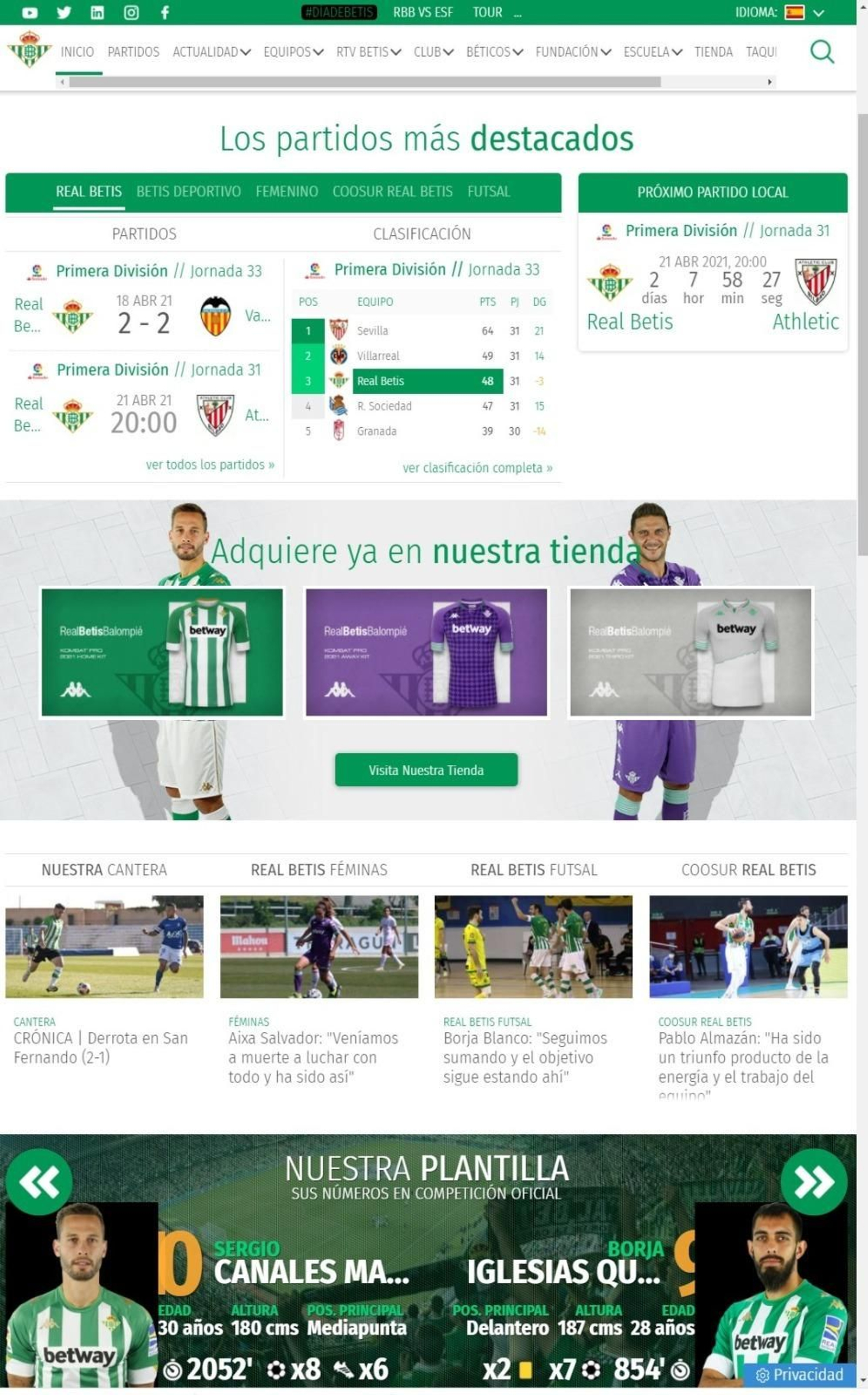 Captura de la portada de la web del Betis, con el extracto de la clasificación sin los 'grandes'.