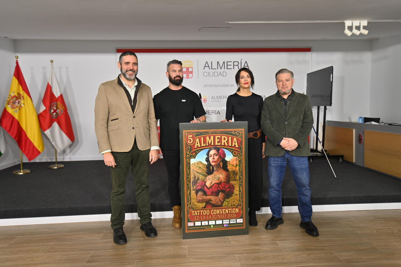 Juan José Alonso, Rodrigo Gálvez, María José Herrada y Diego Cruz durante la presentación de ‘Almería Tattoo Convention’.