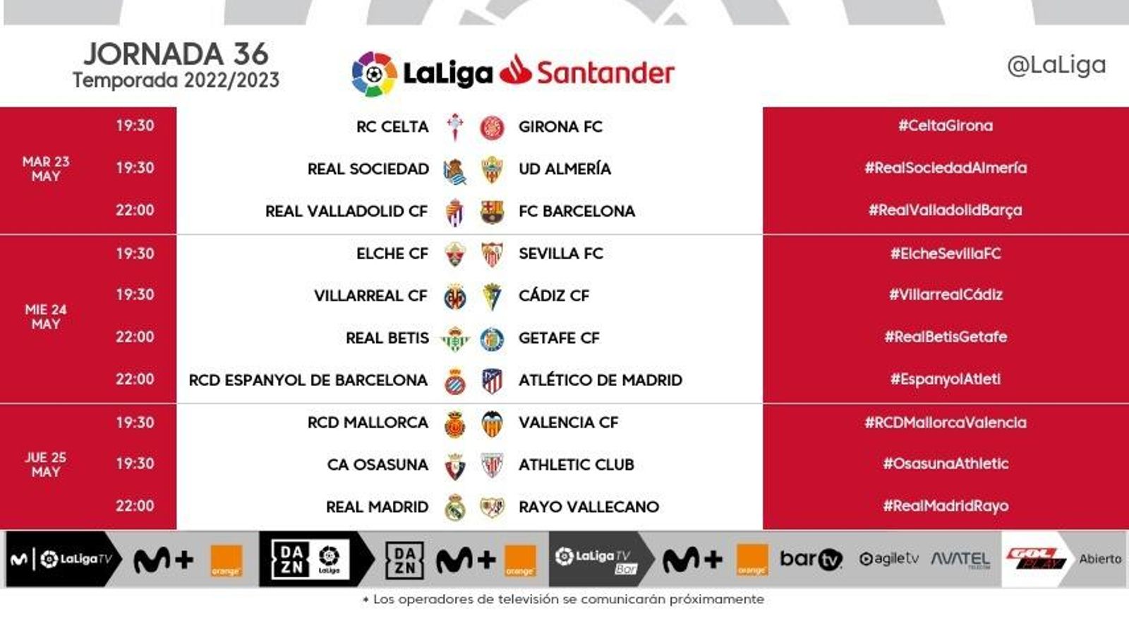 Partidos y horarios de la 36ª jornada.