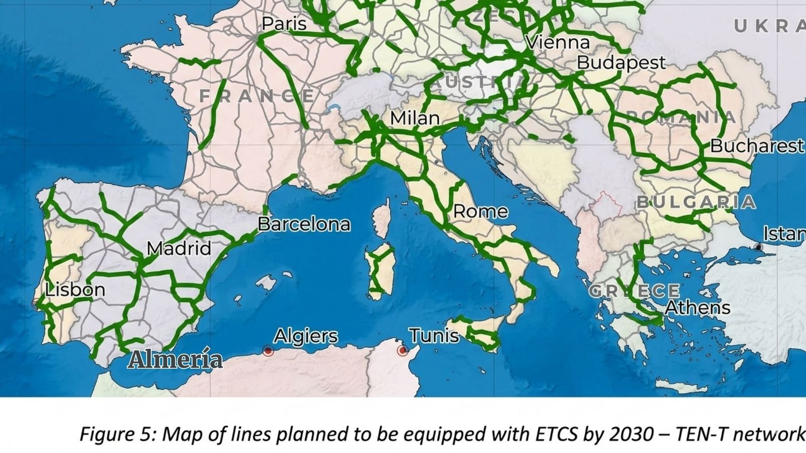 Mapa de la red transeuropea TEN-T con las líneas previstas para equiparse con el sistema europeo ETCS en 2030: España aparece con despliegue completo hasta la frontera, mientras el tramo francés entre Perpiñán y Montpellier no figura adaptado al mismo horizonte temporal.