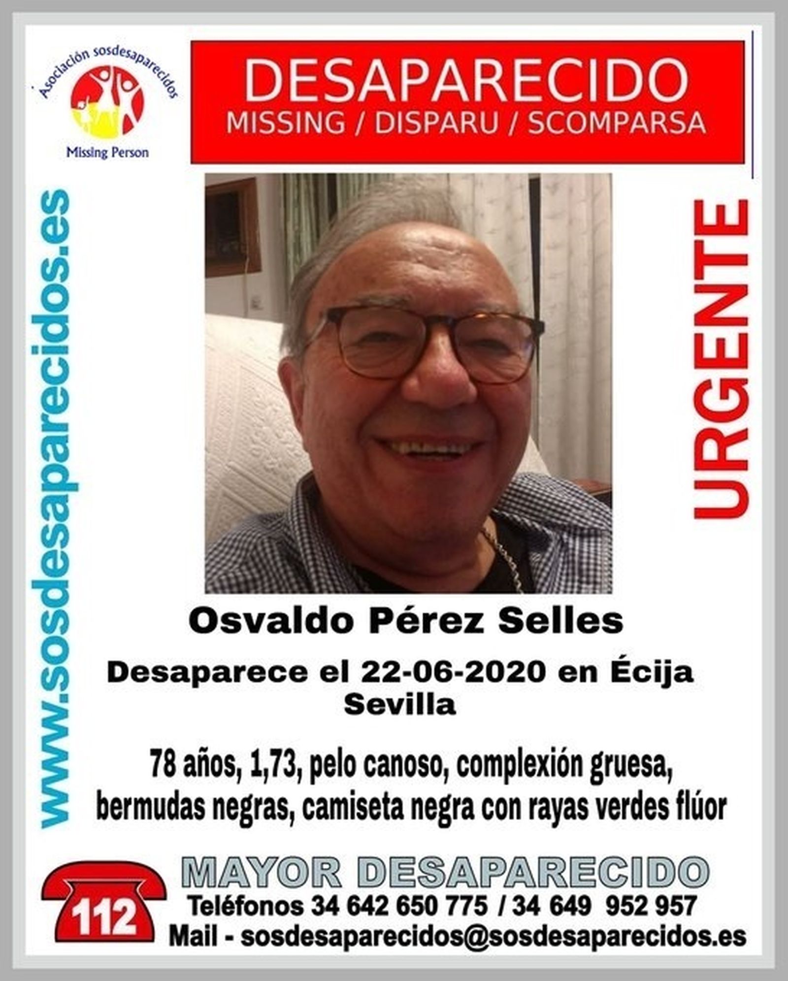 El cartel de SOS Desaparecidos alertando de la desaparición de Osvaldo Pérez.
