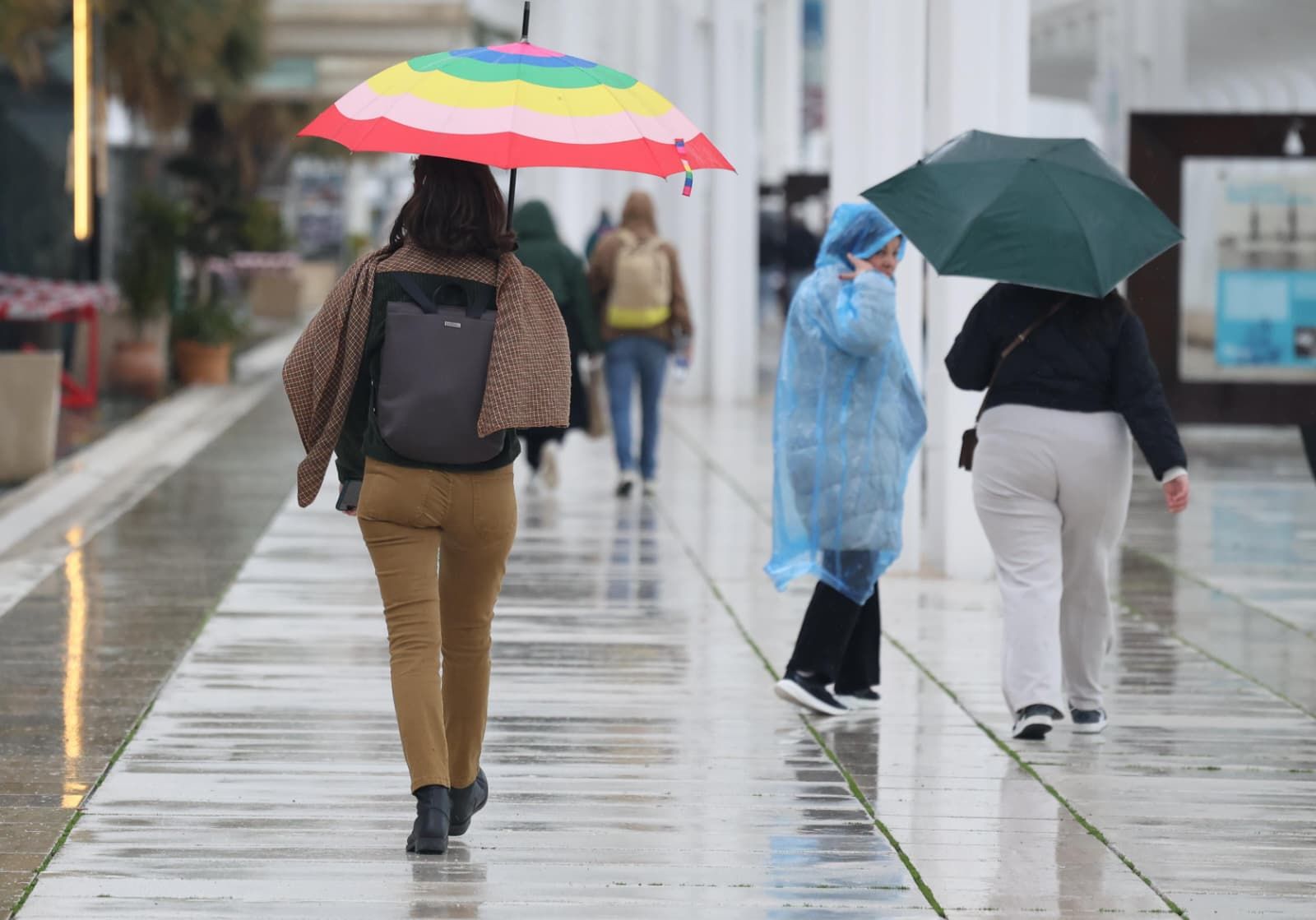 Personas caminando bajo la lluvia en el Palmeral de las Sorpresas de Málaga