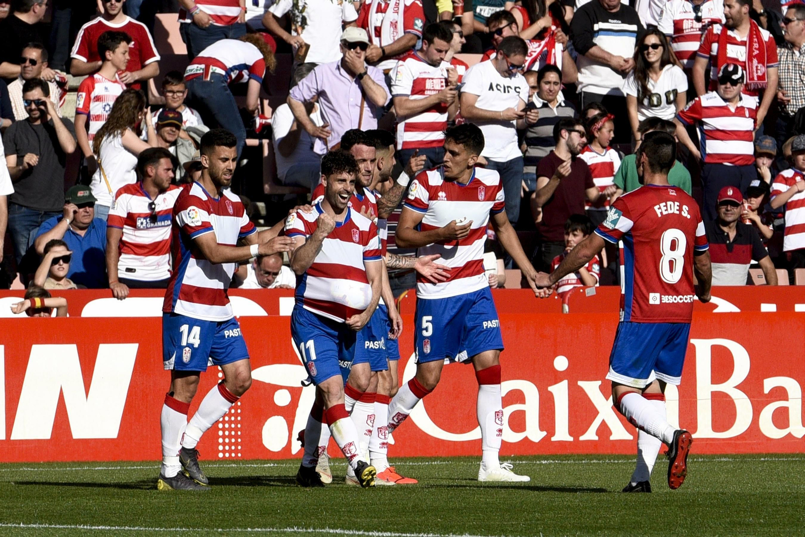 Los jugadores rojiblancos celebran el tanto de Rodri, el segundo del Granada CF.