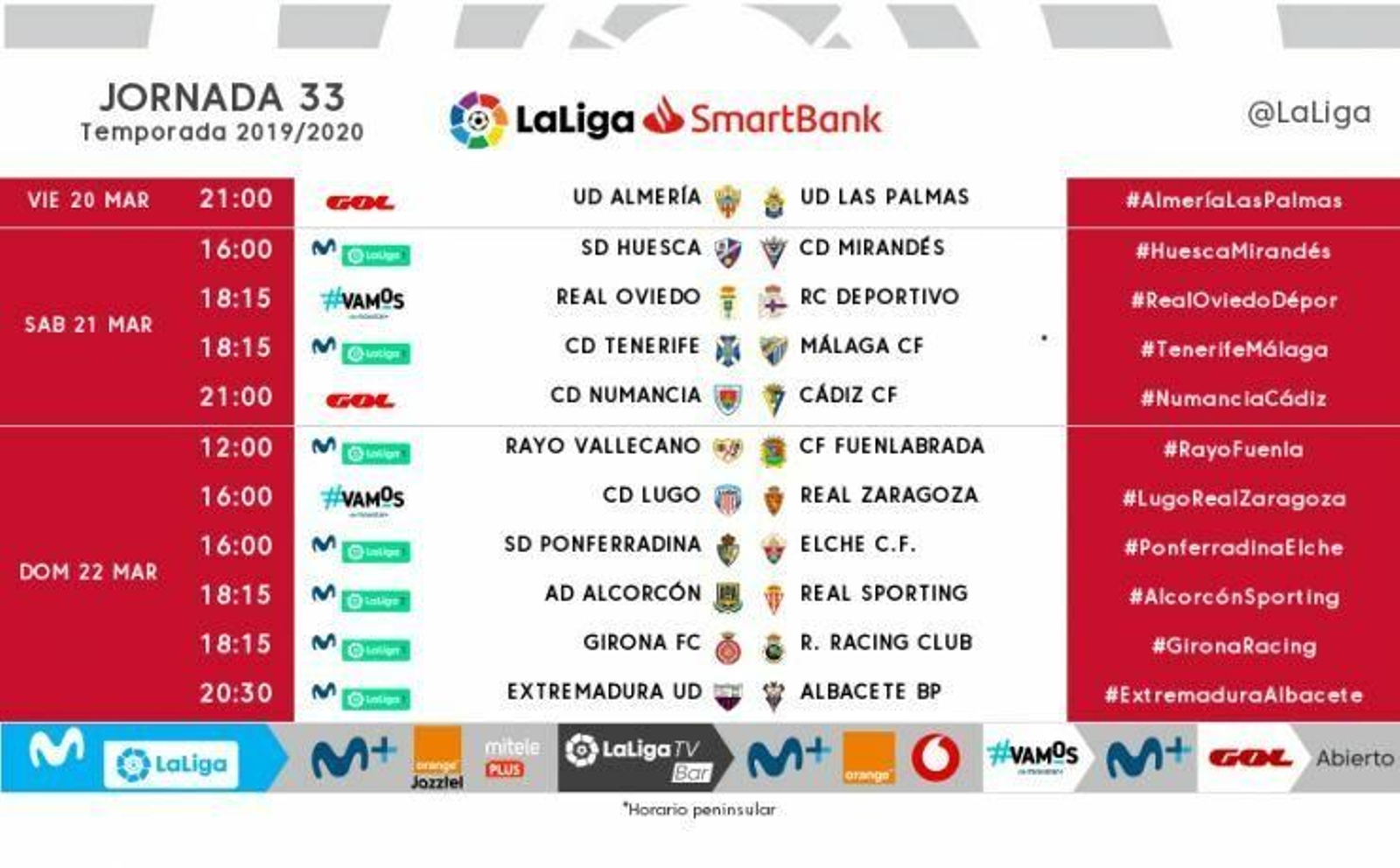 Todos los horarios de la jornada 33 de Segunda División