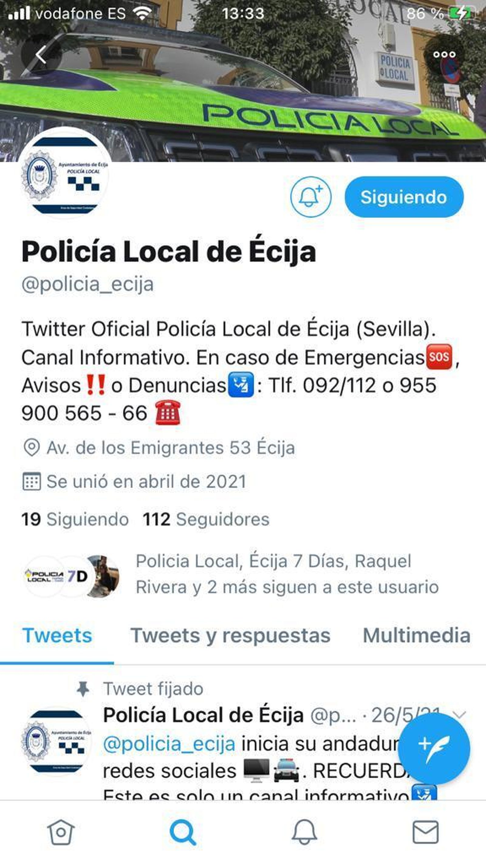 La cuenta de twitter de @policia_ecija.