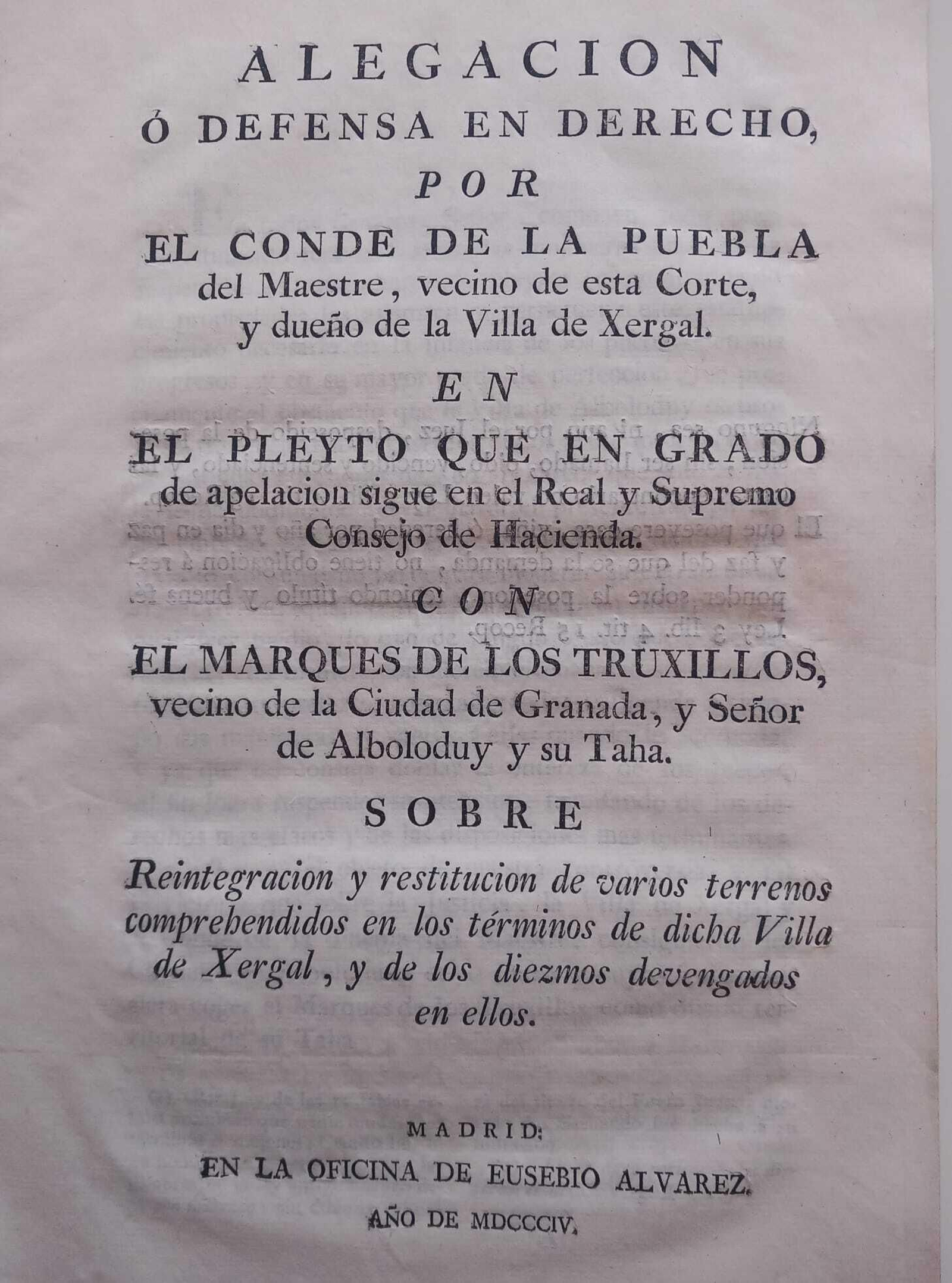 Memorial impreso, fechado en 1804, sobre un pleito entre Gérgal y Alboloduy