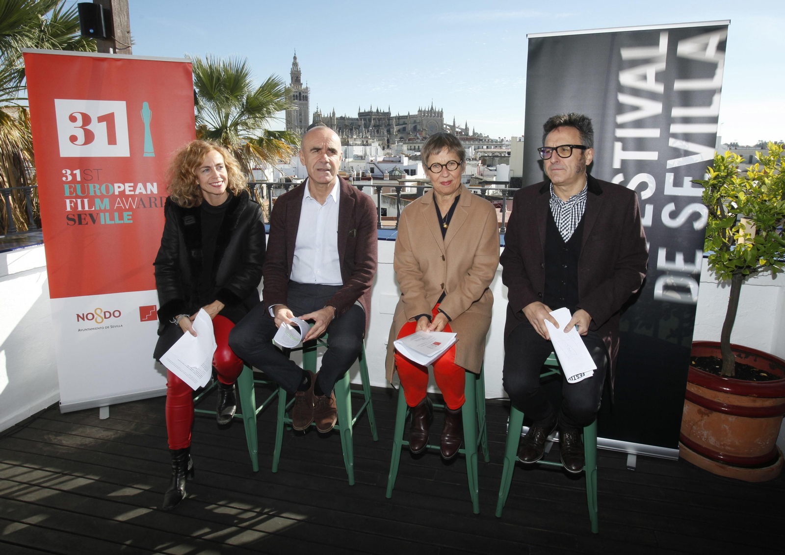 Isabel Ojeda (ICAS), Antonio Muñoz, Marion Doring (Academia Europea de Cine) y José Luis Cienfuegos, este miércoles en la presentación de las actividades.