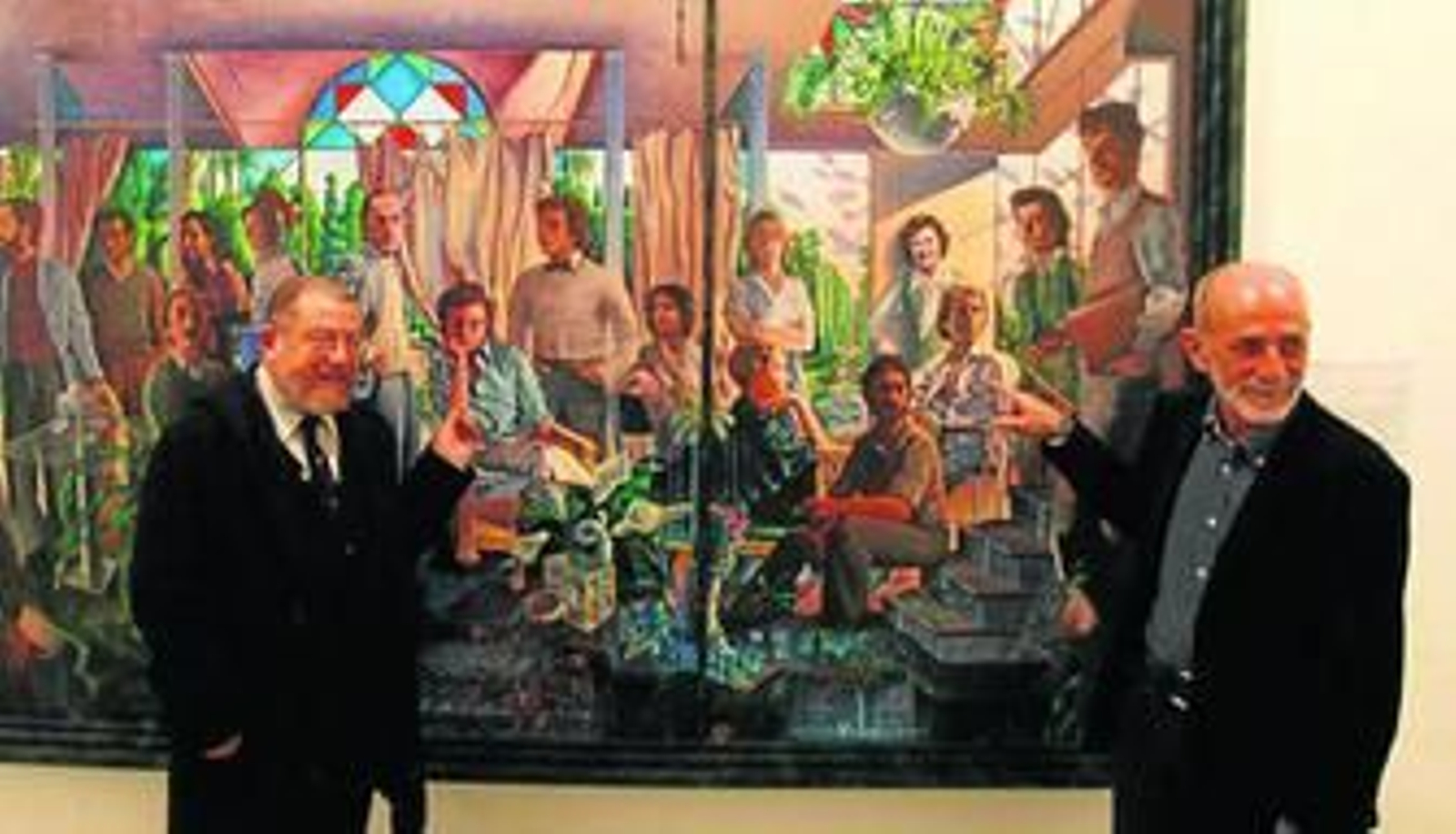 Guillermo Pérez Villalta y José Luis 'Bola' Barrionuevo se señalan a sí mismos, de jóvenes, en el cuadro 'Grupo de personas en un atrio'.