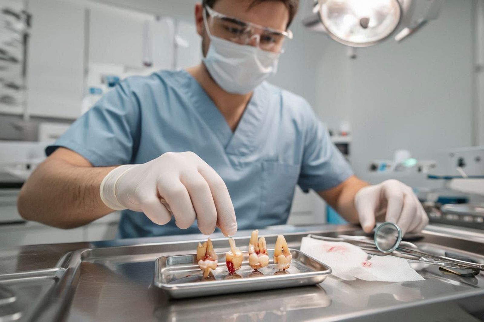 Un dentista trabajando en su consulta tras una extracción, en una imagen generada por IA.