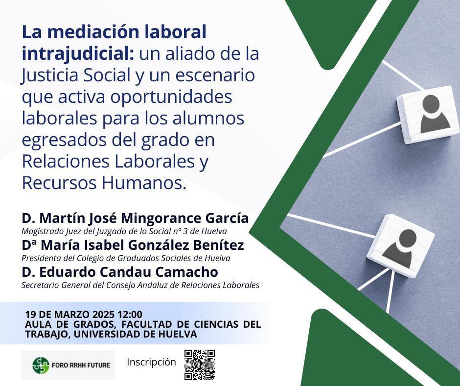 Cartel informativo de las jornadas sobre la mediación laboral intrajudicial en la Universidad de Huelva.