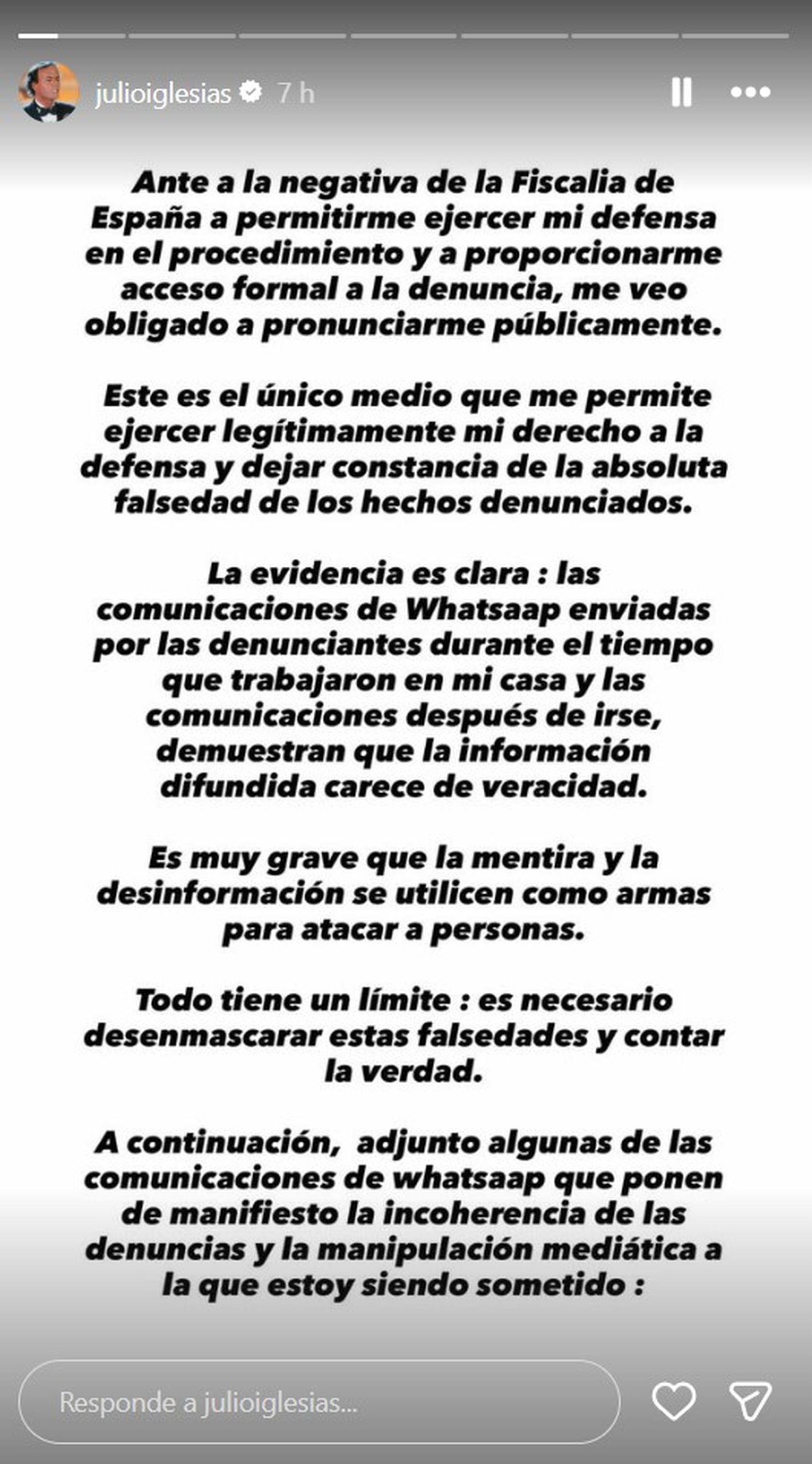 Comunicado reciente de Julio Iglesias