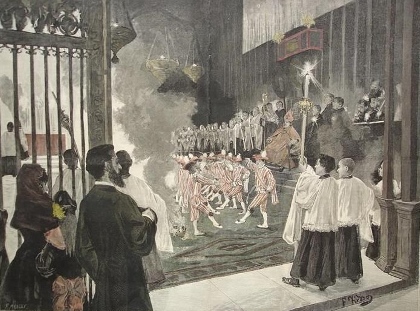 "Corpus Christi en Sevilla. La danza de los Seises en la catedral". Xilografía coloreada a mano hacia 1883, basada en un dibujo de Fernando Tirado y Cardona.