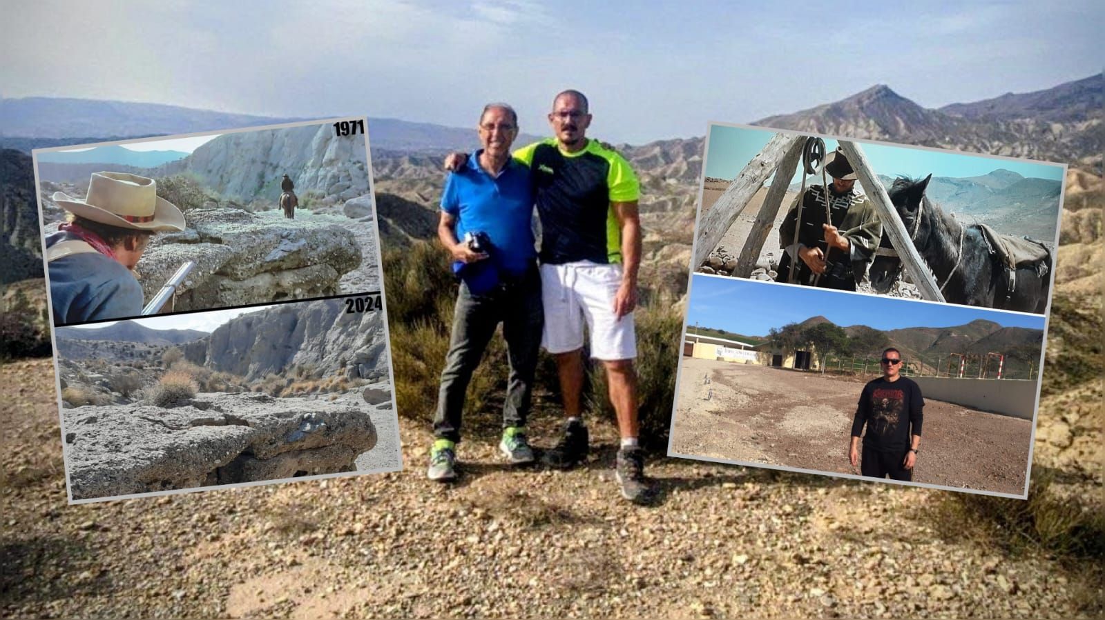 Mero García y Antonio en el desierto de Tabernas, uno de los escenarios clave del western europeo, durante una de sus rutas de localización.