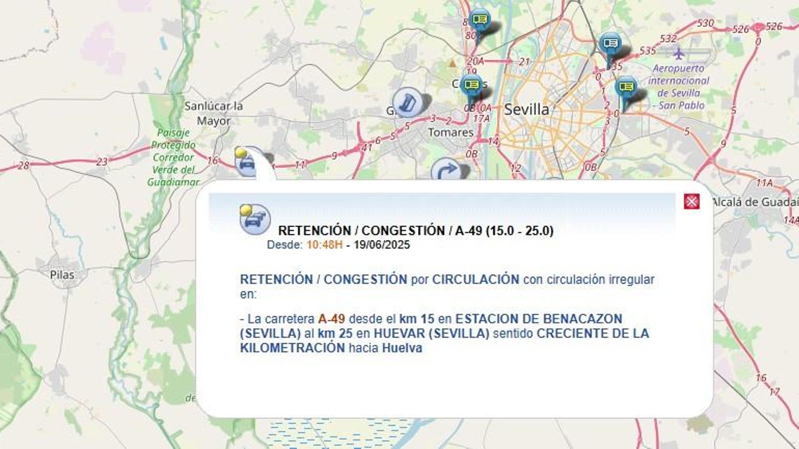 Retenciones en la A-49 este jueves en dirección hacia Huelva Retenciones en la A-49 este jueves en dirección hacia Huelva
