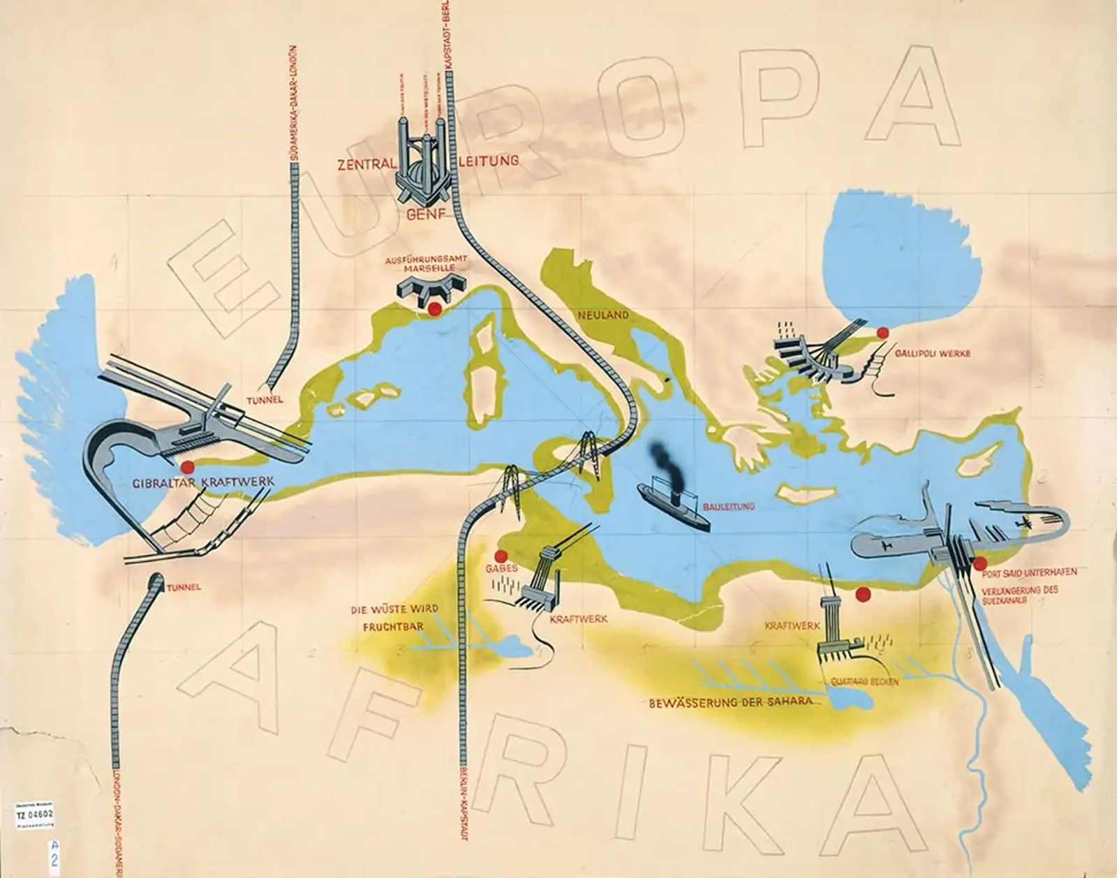 Mapa original del proyecto Atlantropa, conservado en el Deutsches Museum de Múnich, que muestra el sistema de presas hidroeléctricas diseñado para reducir la entrada de agua al Mediterráneo y transformar millones de hectáreas marinas en nuevas zonas de cultivo.