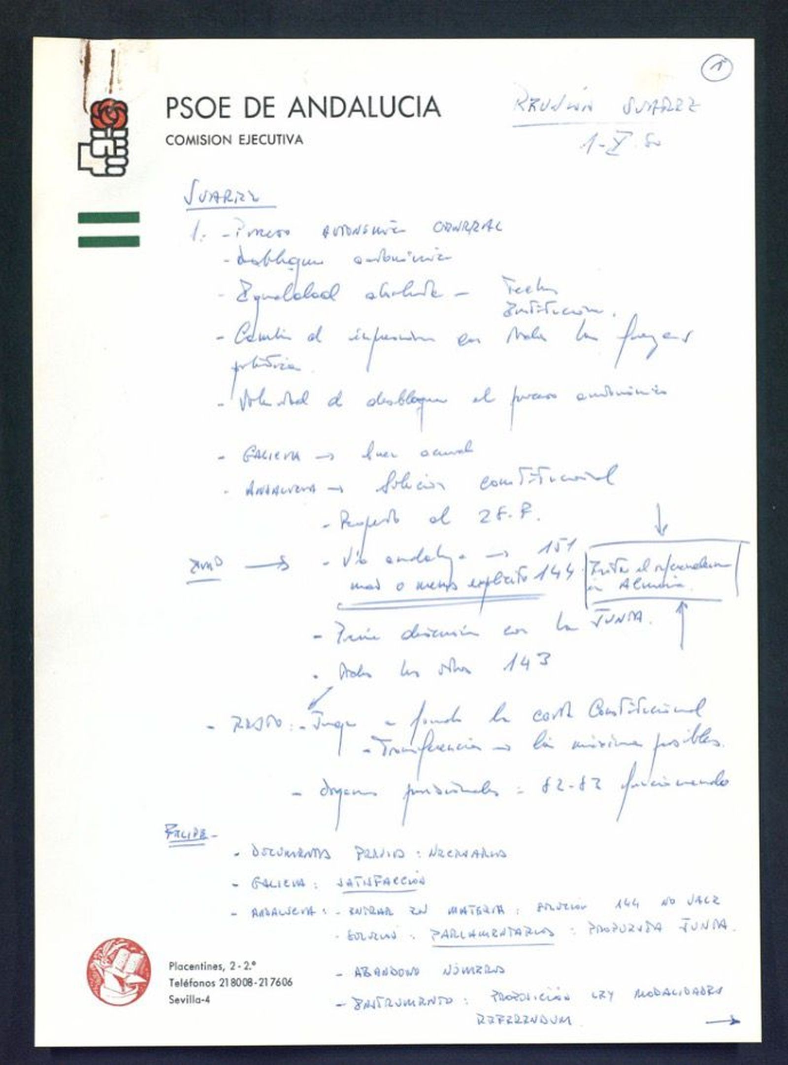 Notas que tomó a mano Rodríguez de la Borbolla de la reunión PSOE-UCD del 1 de octubre de 1980.