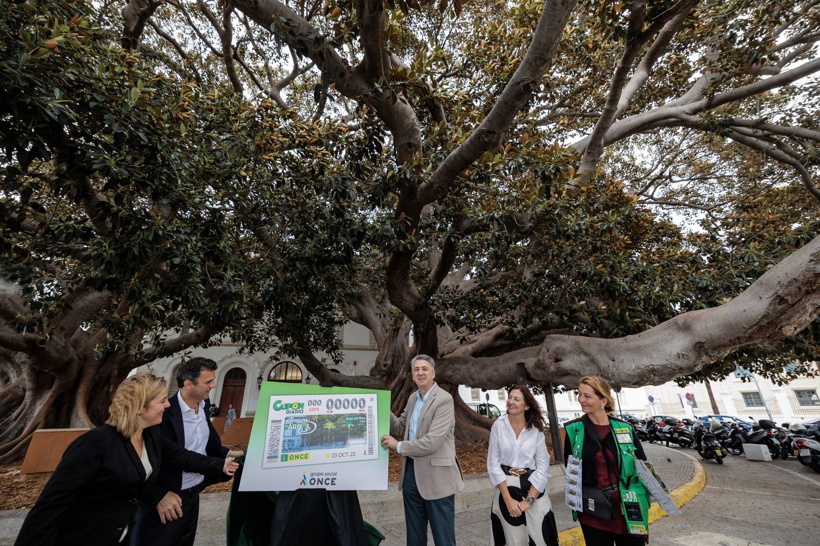 Presentación del cupón de la ONCE ante el árbol del Mora.