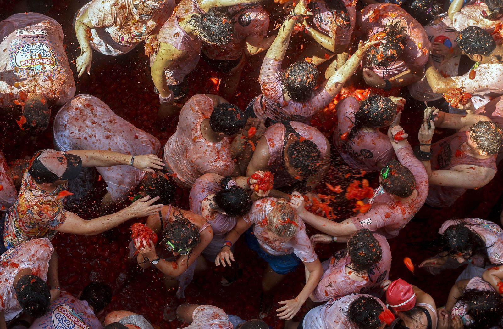 Miles de personas de todo el mundo se lanzan 160 toneladas de tomate para teñir de rojo Buñol durante la fiesta de la Tomatina.