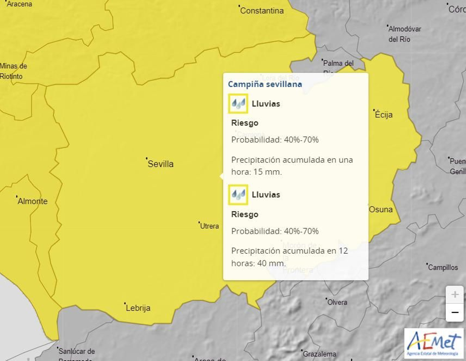 Aviso amarillo por lluvias este lunes en Sevilla