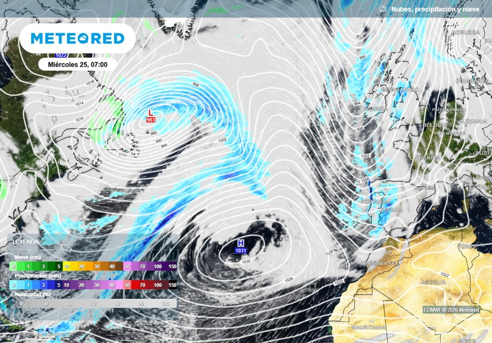 Aunque el anticiclón de las Azores desviará las borrascas, sí permitirá el paso de algún frente débil, como puede observarse en el mapa previsto para mediados de la próxima semana.