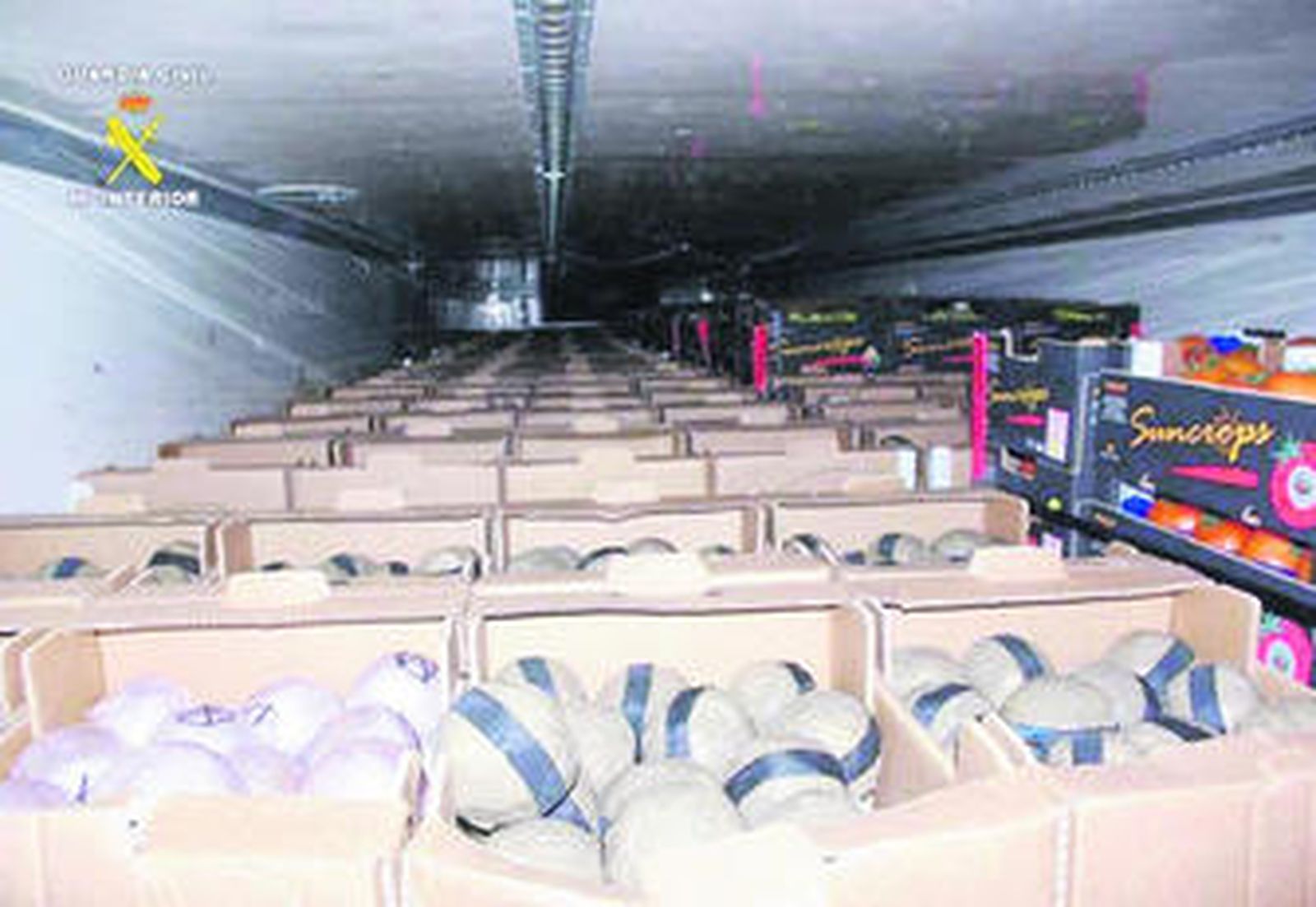 Imagen de las bolas de estupefacientes, escondidas con la carga legal en el camión interceptado.