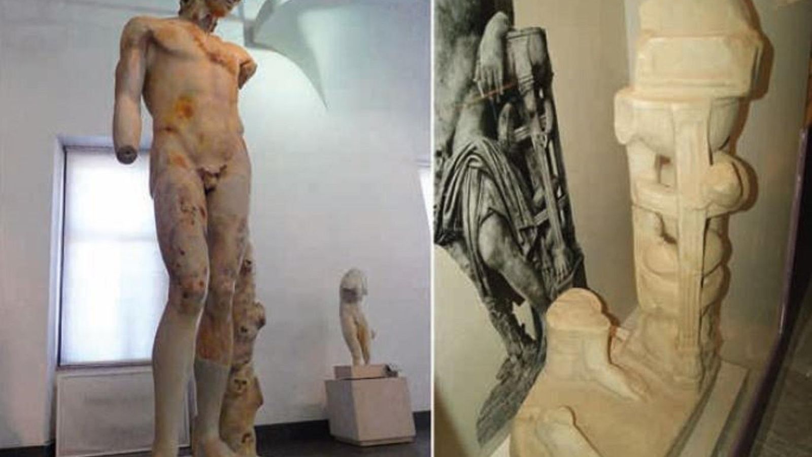 Apolo del Tíber. Museo Nacional de Roma. Imagen de Mmarftrejo. Dcha: Detalle de los pies del Apolo de Carteia.