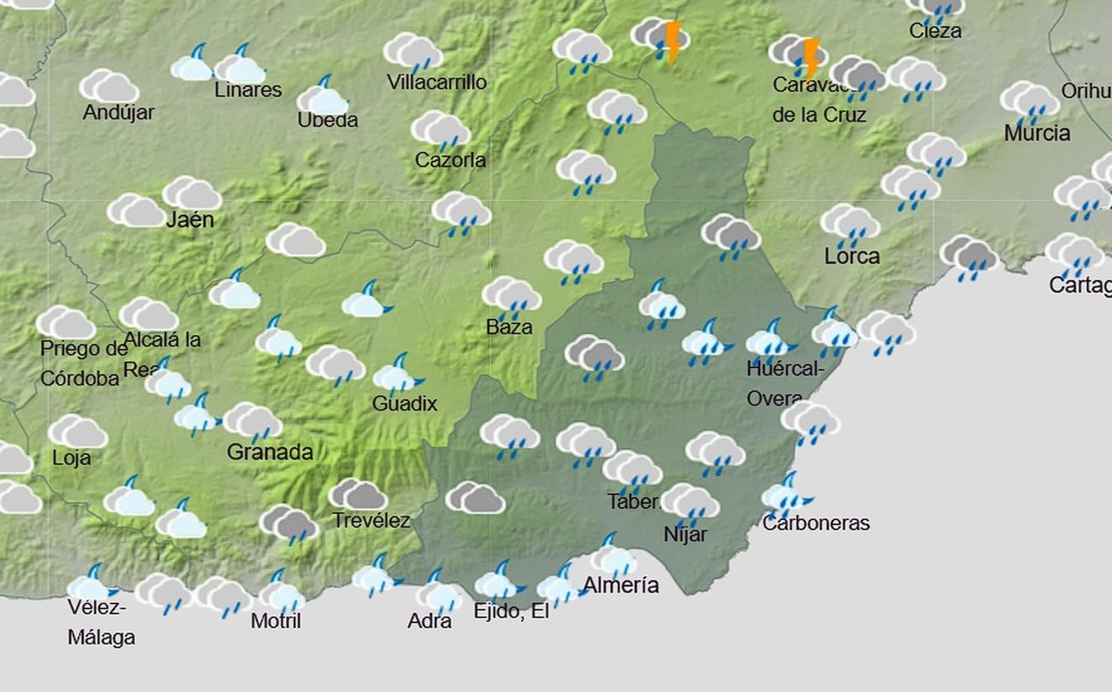 Mapa de previsión de AEMET que sitúa lluvias generalizadas en la provincia de Almería a partir del miércoles 4 de marzo, con mayor incidencia en zonas de interior y sierra.