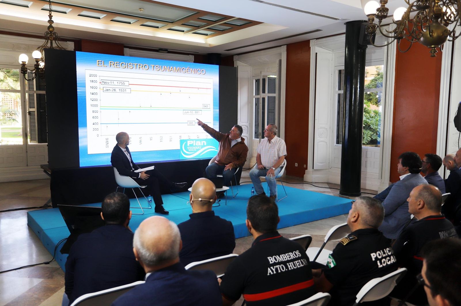 El profesor Juan Antonio Morales explica la tabla con las fechas de los tsunamis registrados.