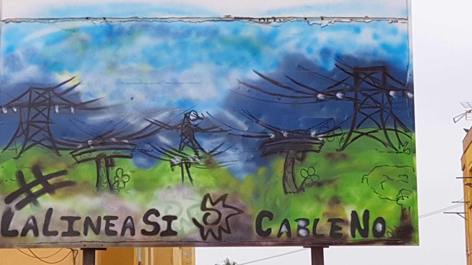 Un cartel en contra de la subestación, en una calle de La Línea.