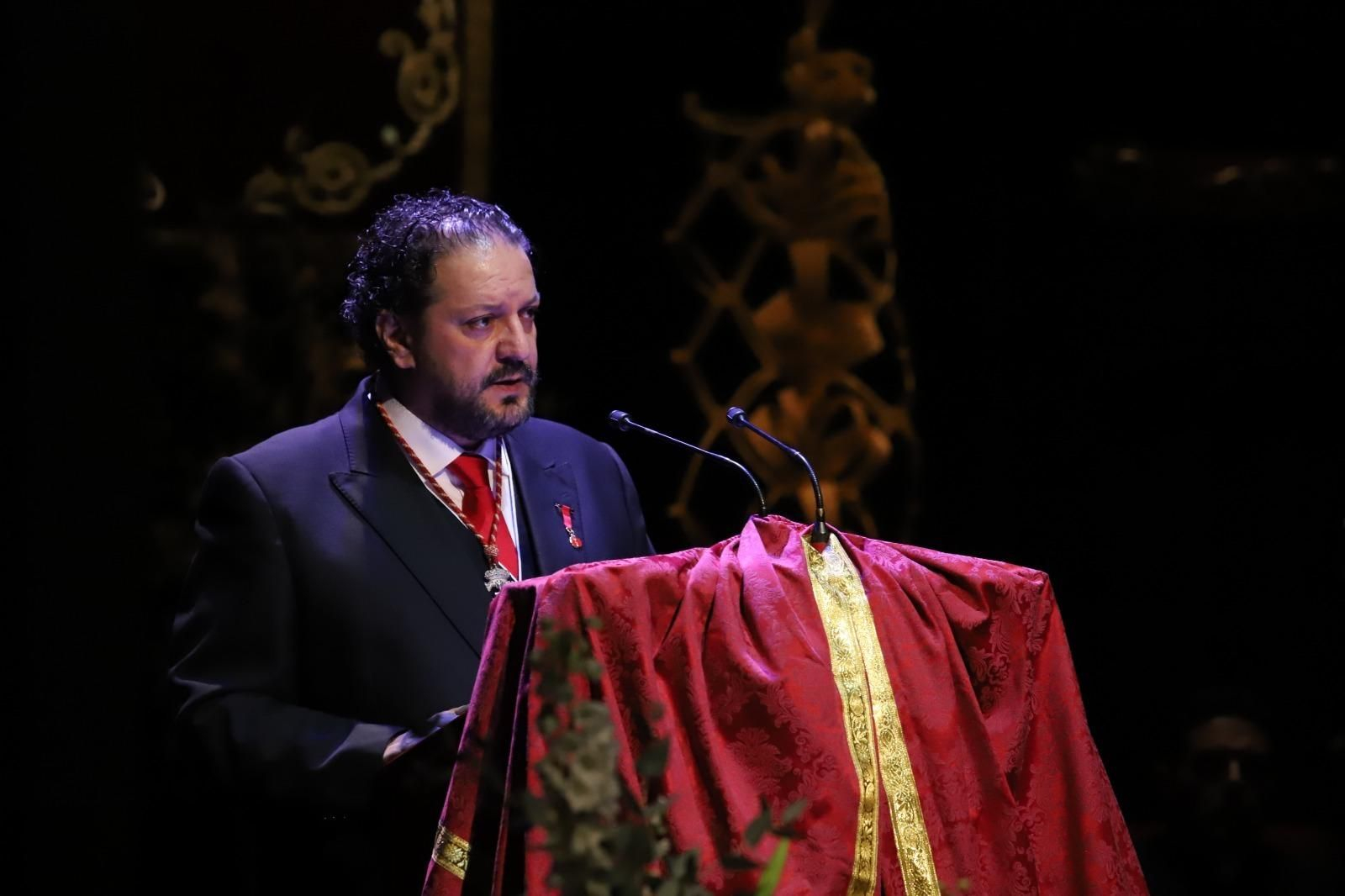 Manuel Jesús Rodríguez en un momento de su pregón de la Semana Santa de Huelva, esta tarde.