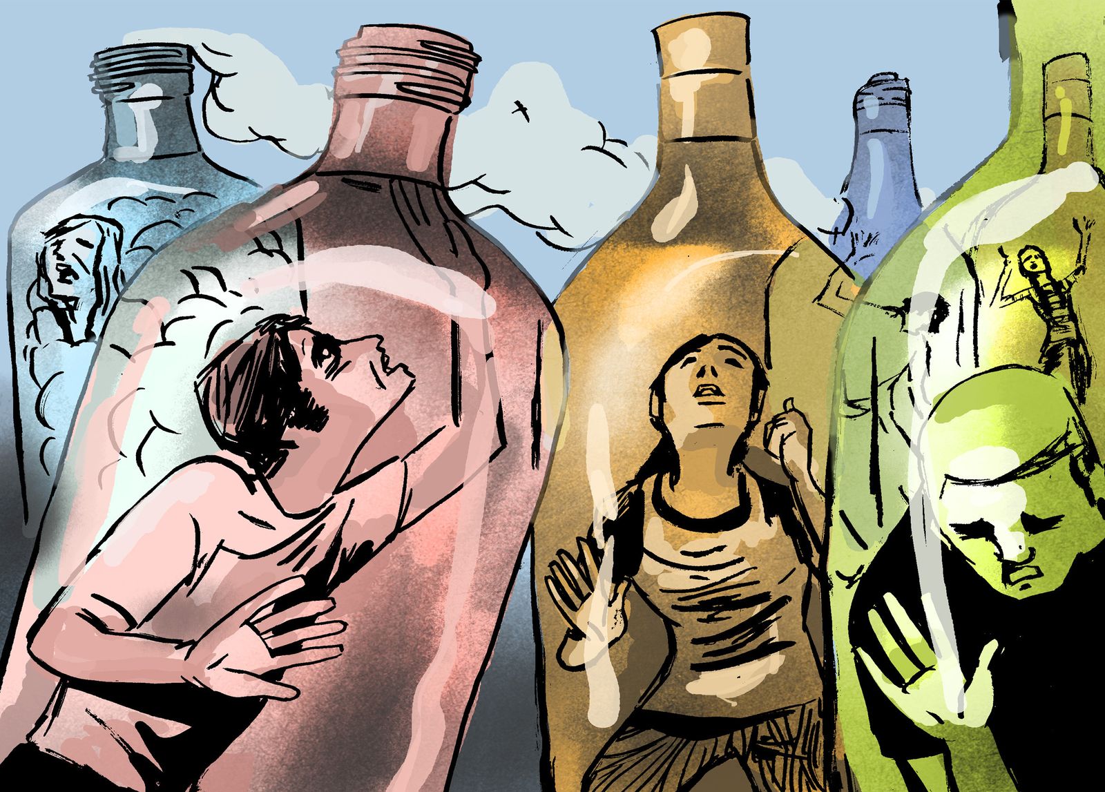 Un grupo de jóvenes bebiendo en la calle.