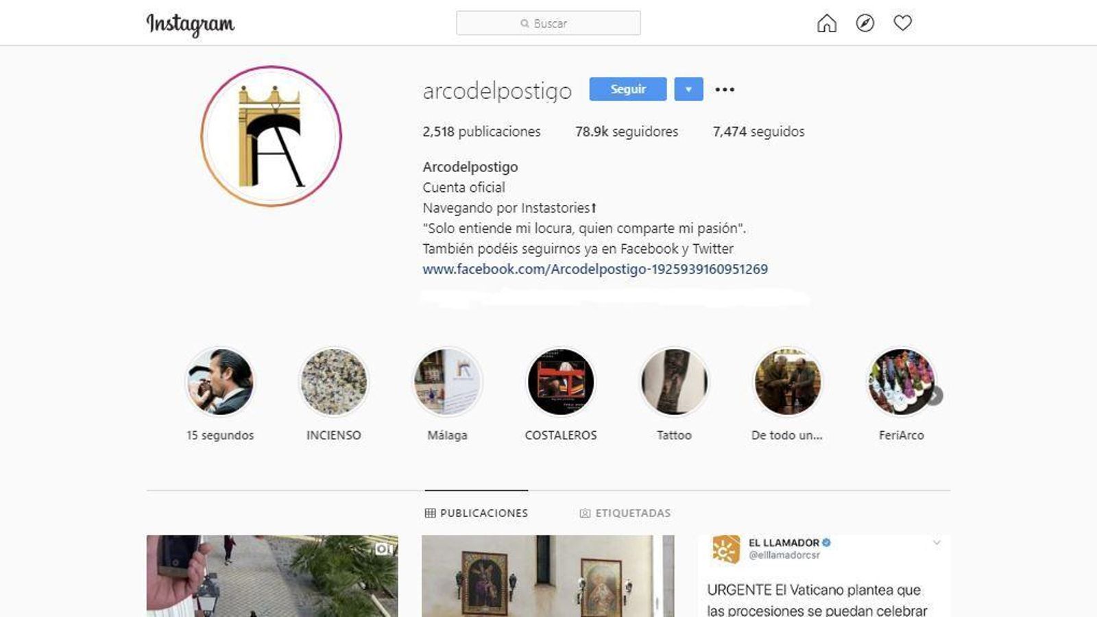 Cuenta de Arco del Postigo en Instagram, con casi 80.000 seguidores