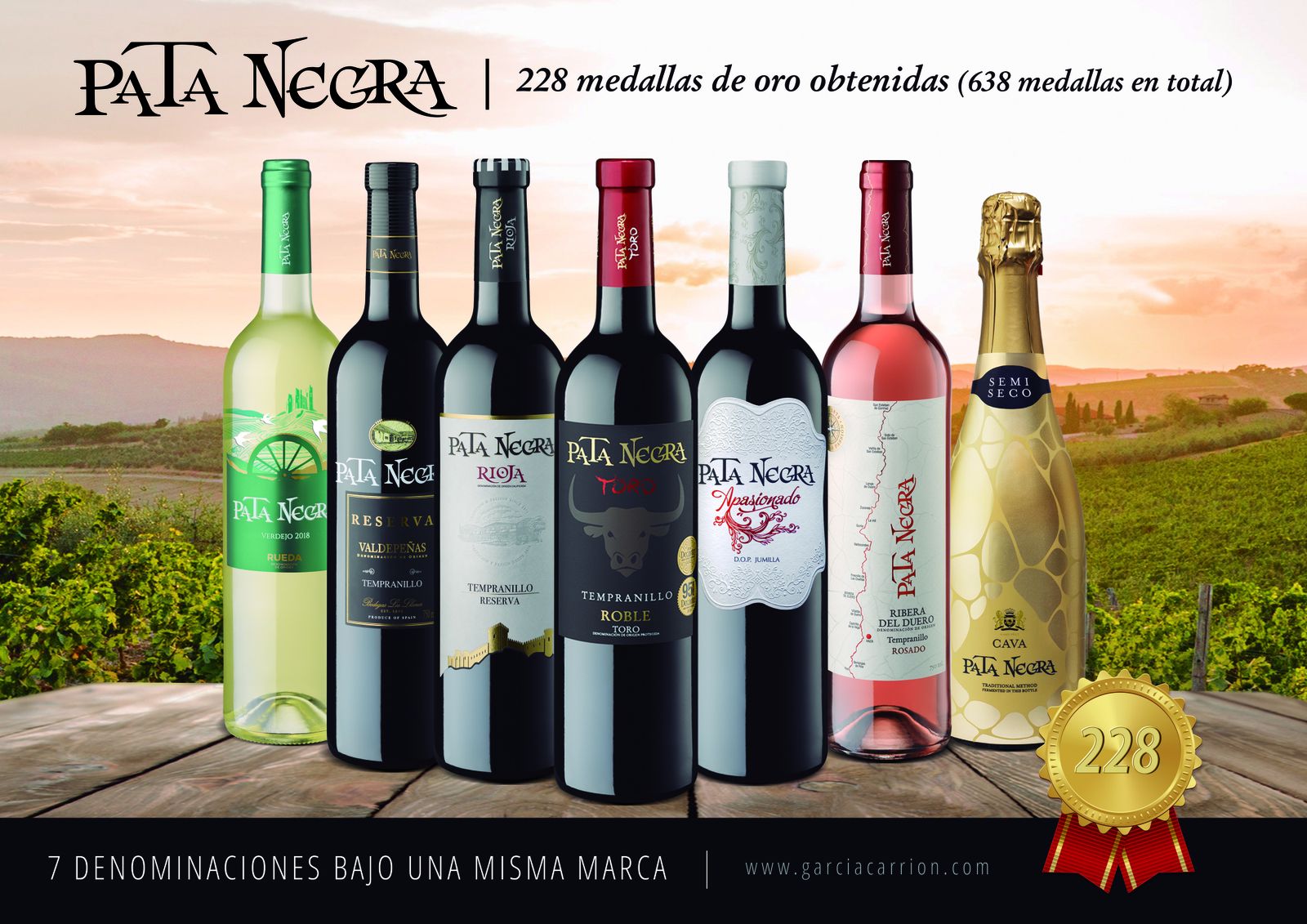 De las 638 medallas obtenidas por los vinos  Pata Negra, 228 han sido de oro