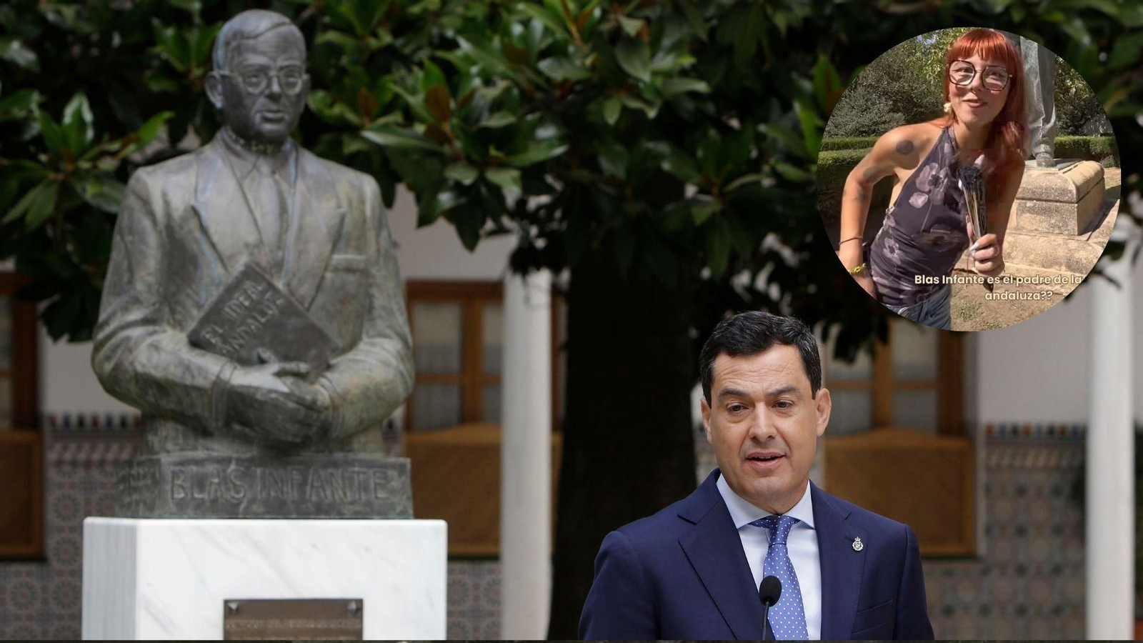 Una imagen del busto de Blan Infante junto a Juanma Moreno y una imagen de la 'influencer'.