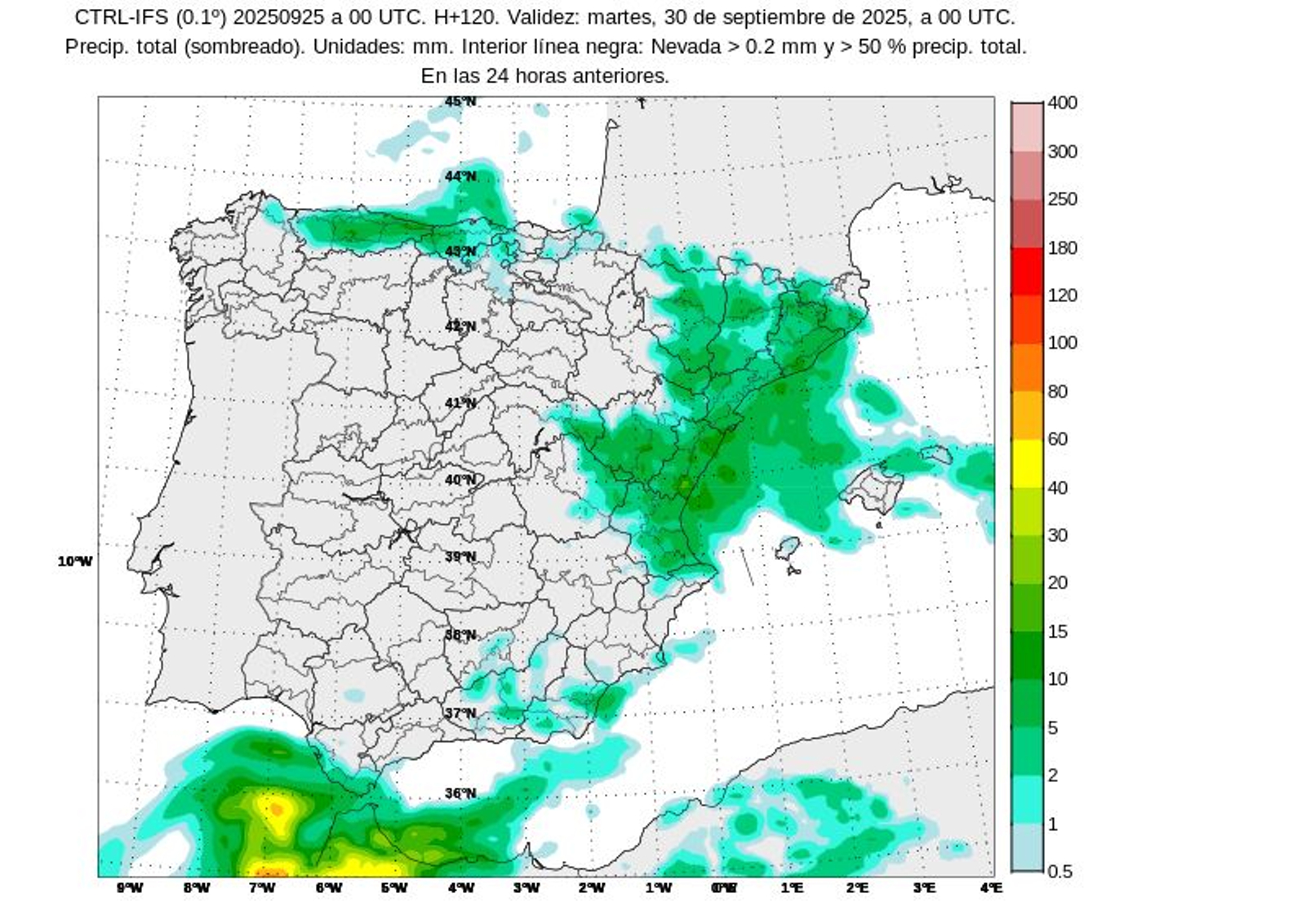 Mapa con la previsión de precipitaciones para el martes 30 de septiembre.
