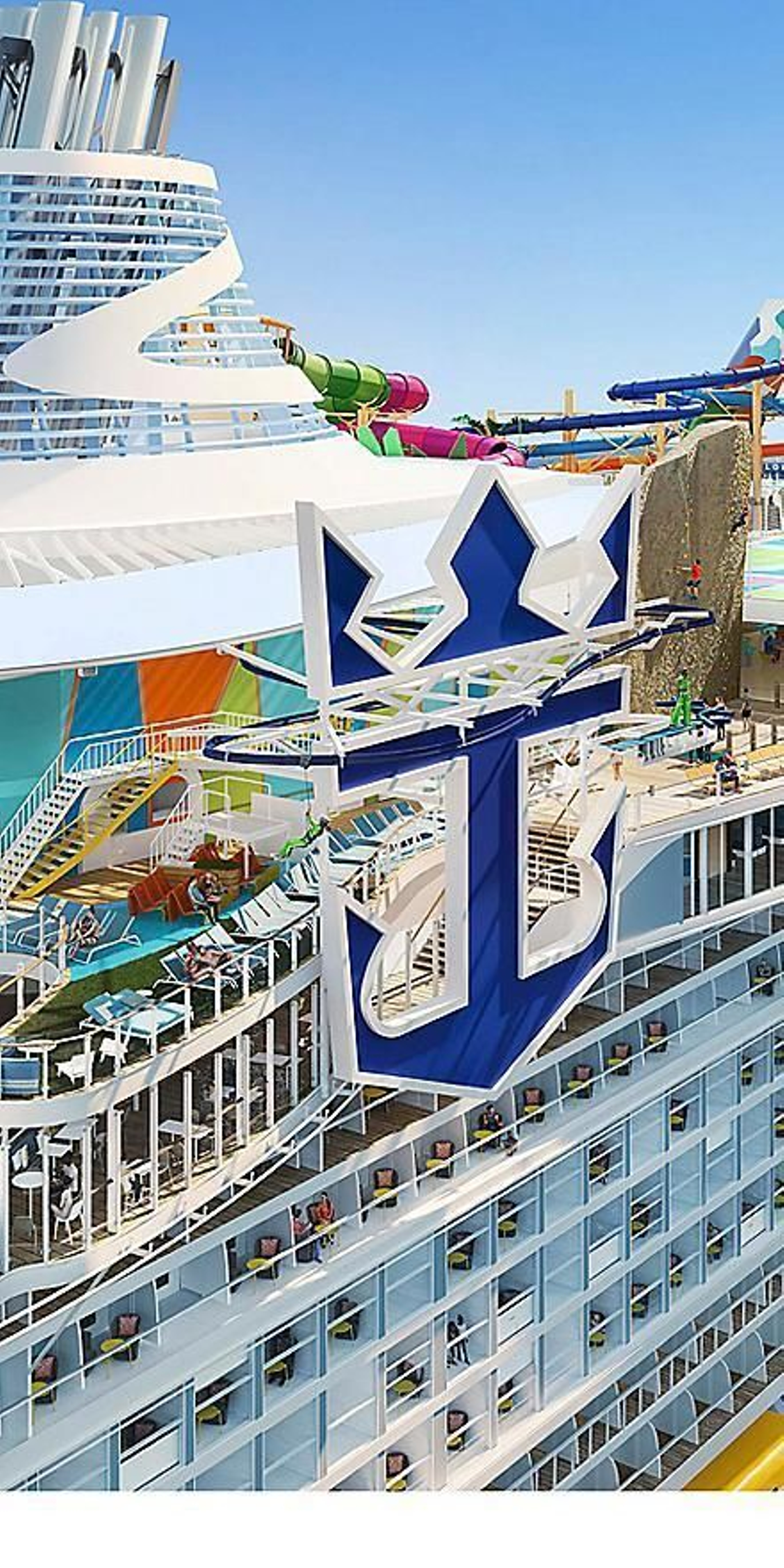Representación gráfica de una de las del casco del Icon of the Seas con el logo de Royal Caribbean