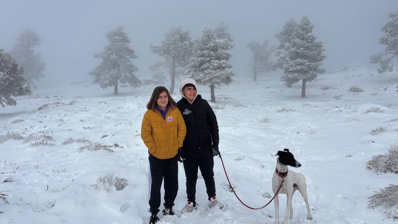 Jorge y Mario en la nieve, cerca de Calar Alto, con su perro Coco