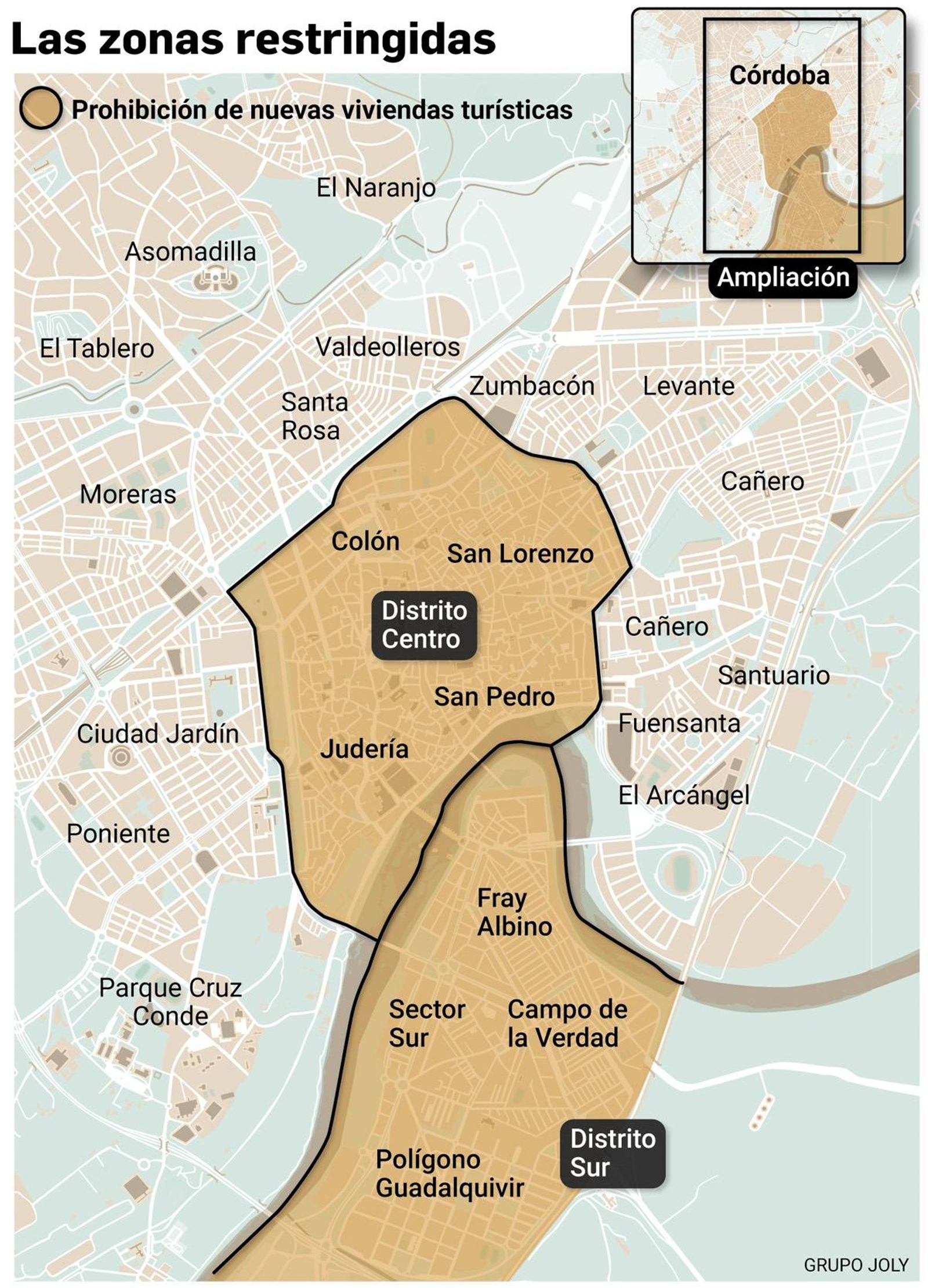 Zonas restringidas a viviendas turísticas en Córdoba. Fuente: Ayuntamiento de Córdoba.