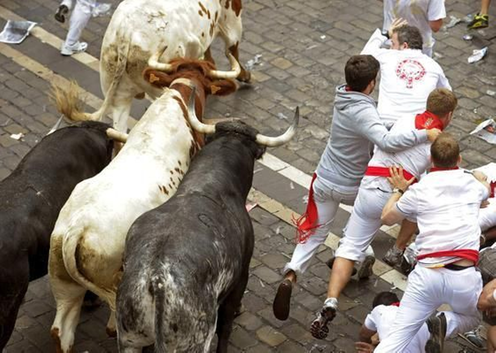 El primer encierro de 2012 finaliza con una cornada en el primer tramo y la entrada en la plaza de un toro con un mozo en una de sus astas.

Foto: EFE / Reuters