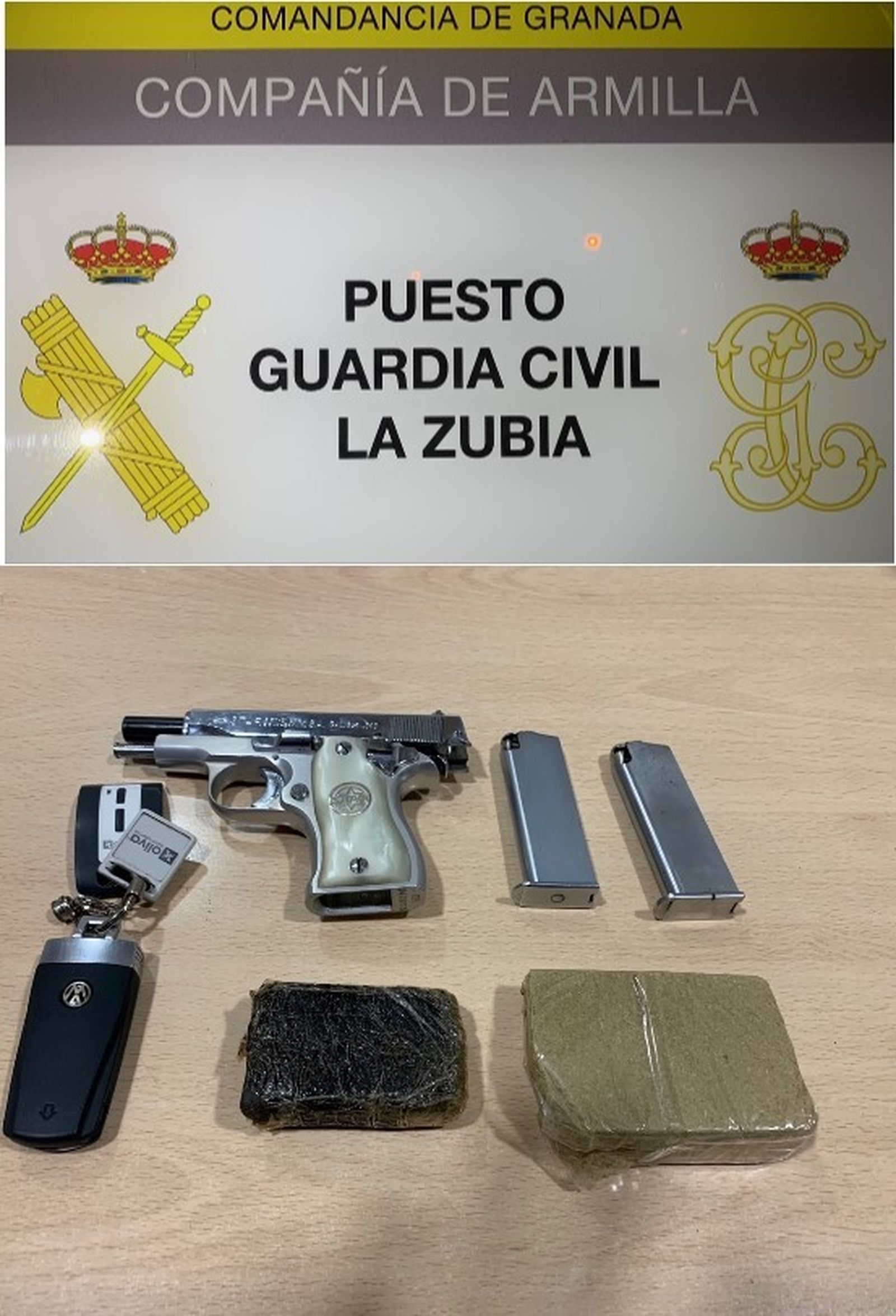 El arma de fuego y la droga intervenida al conductor detenido.