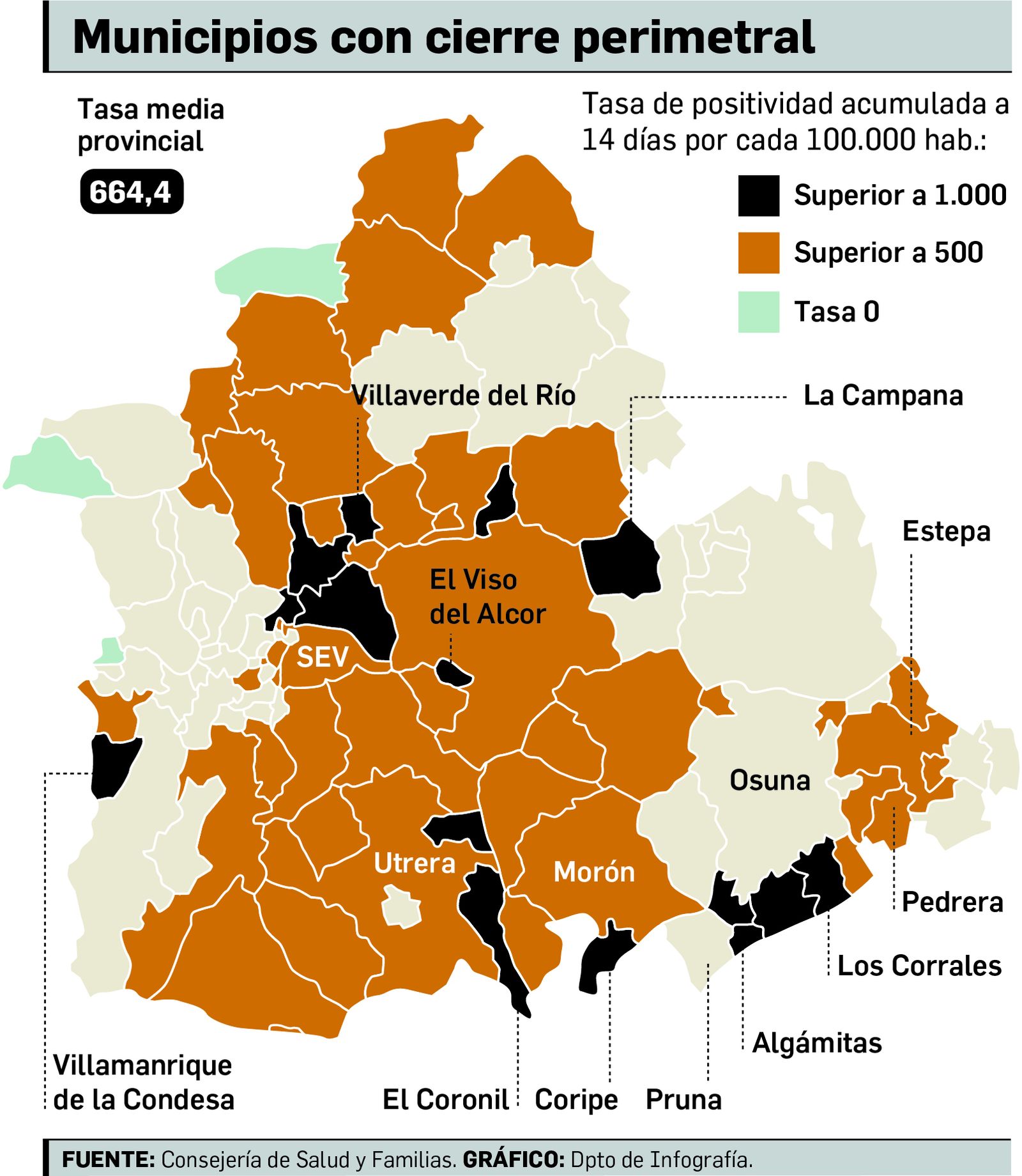 Los municipios con cierre perimetral en la provincia de Sevilla.