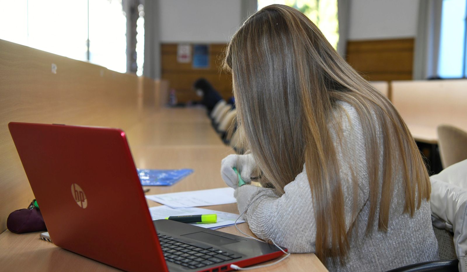 Una chica estudia ayudándose por un ordenador.