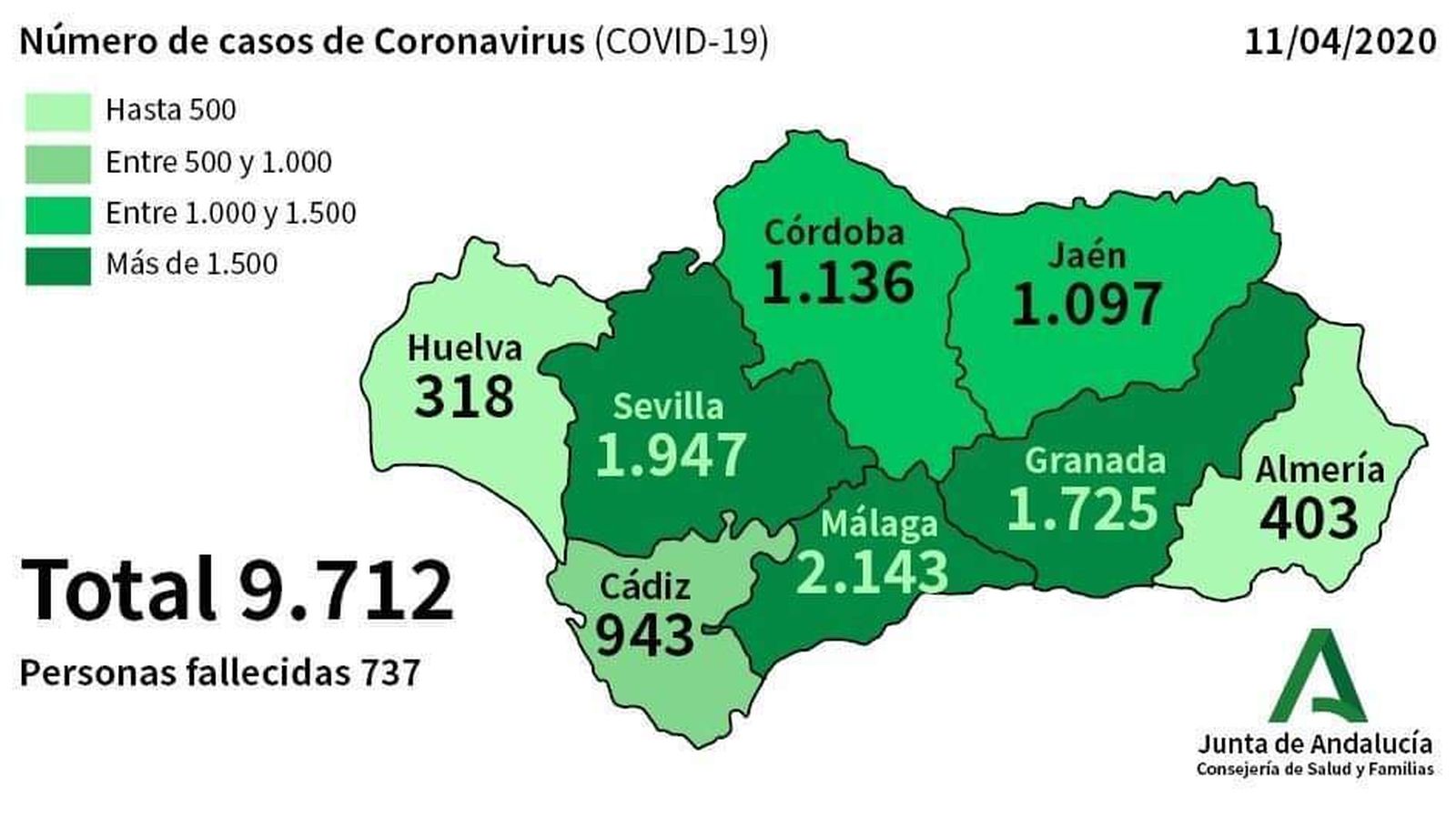 Mapa de casos en Andalucía.