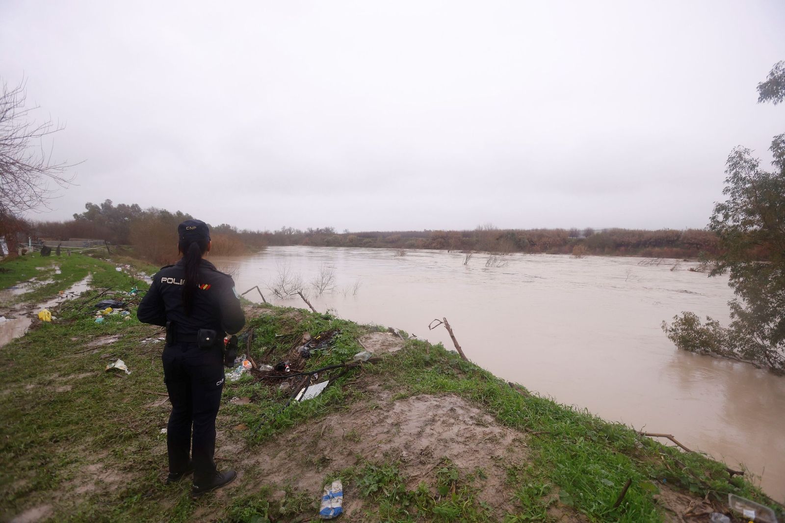 Una agente de la Policía Local, vigilando el nivel del río Guadalquivir junto a las parcelas.