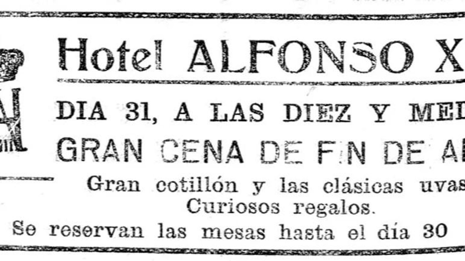 Publicidad de la cena de fin de año en el Hotel Alfonso XIII