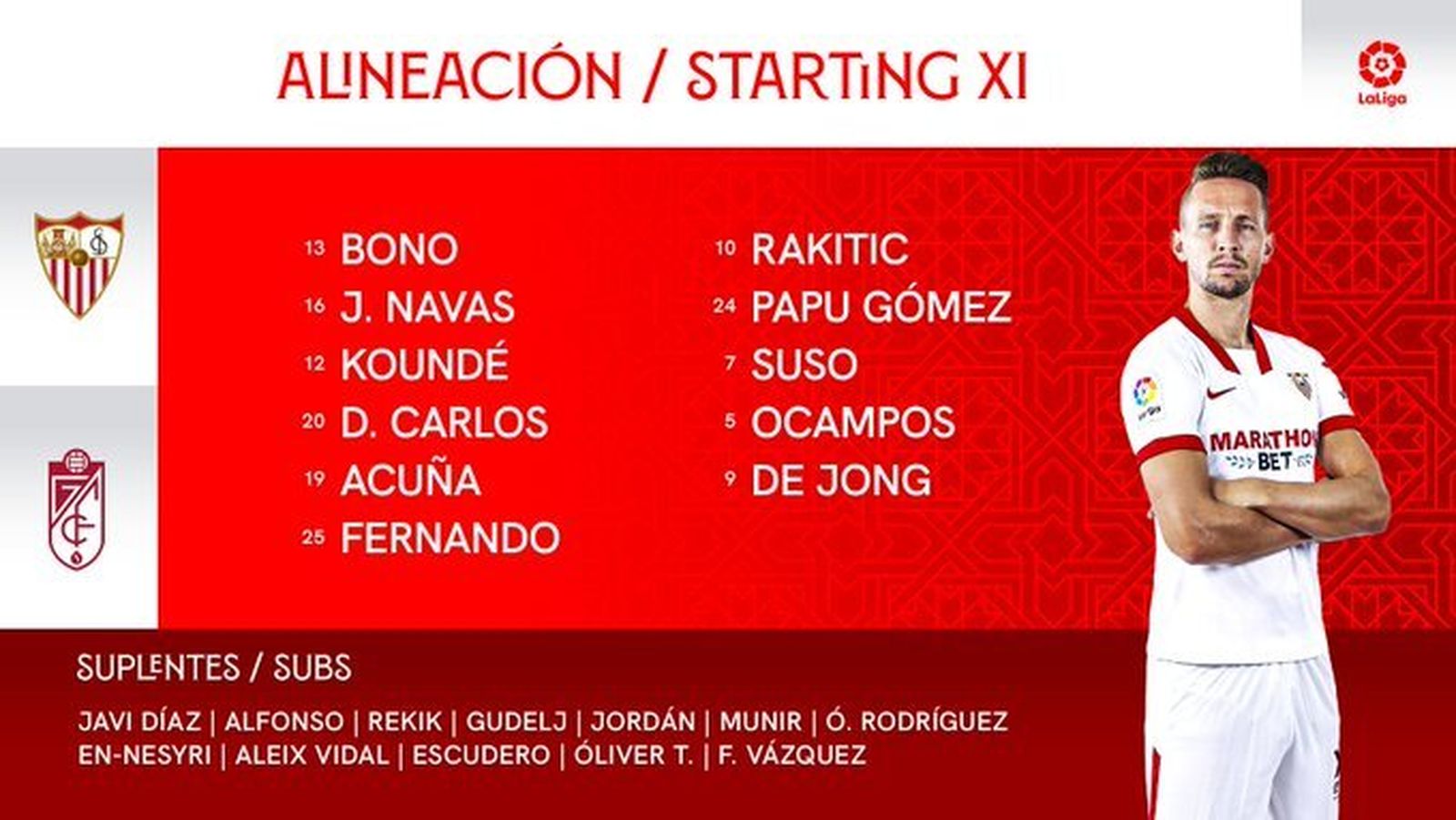 Carátula oficial del Sevilla con el once inicial y el banquillo.