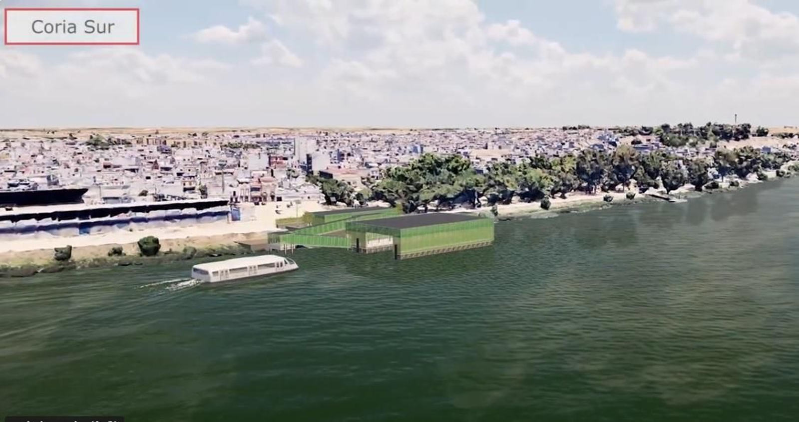 Simulación de la entrada del catamarán en la estación del Metro fluvial en Coria.